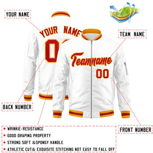 Custom White Red-Gold Varsity Full-Zip Letterman Bomber Jacket