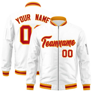 Custom White Red-Gold Varsity Full-Zip Letterman Bomber Jacket