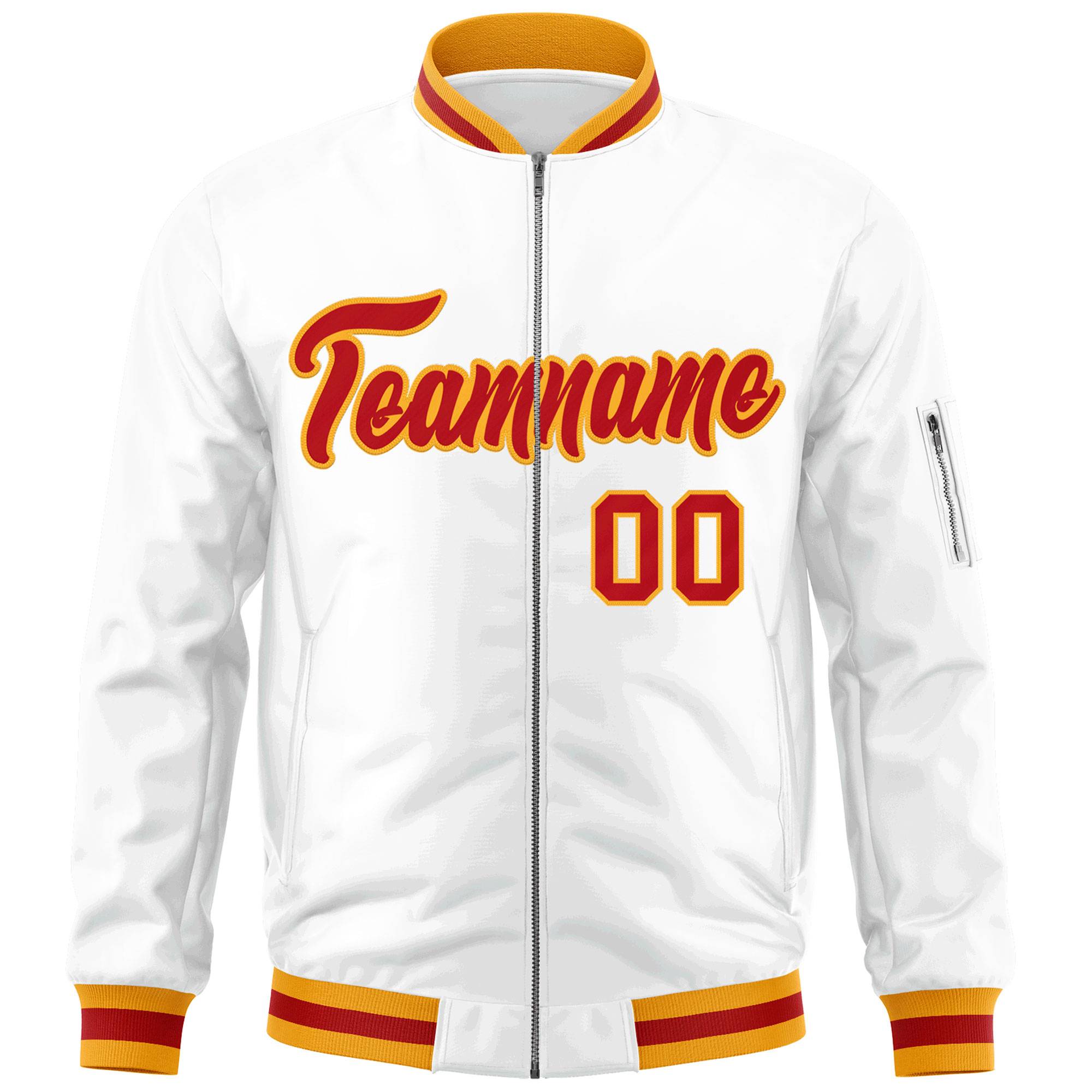 Custom White Red-Gold Varsity Full-Zip Letterman Bomber Jacket