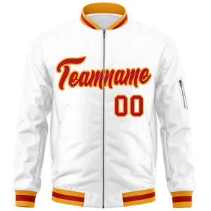 Custom White Red-Gold Varsity Full-Zip Letterman Bomber Jacket