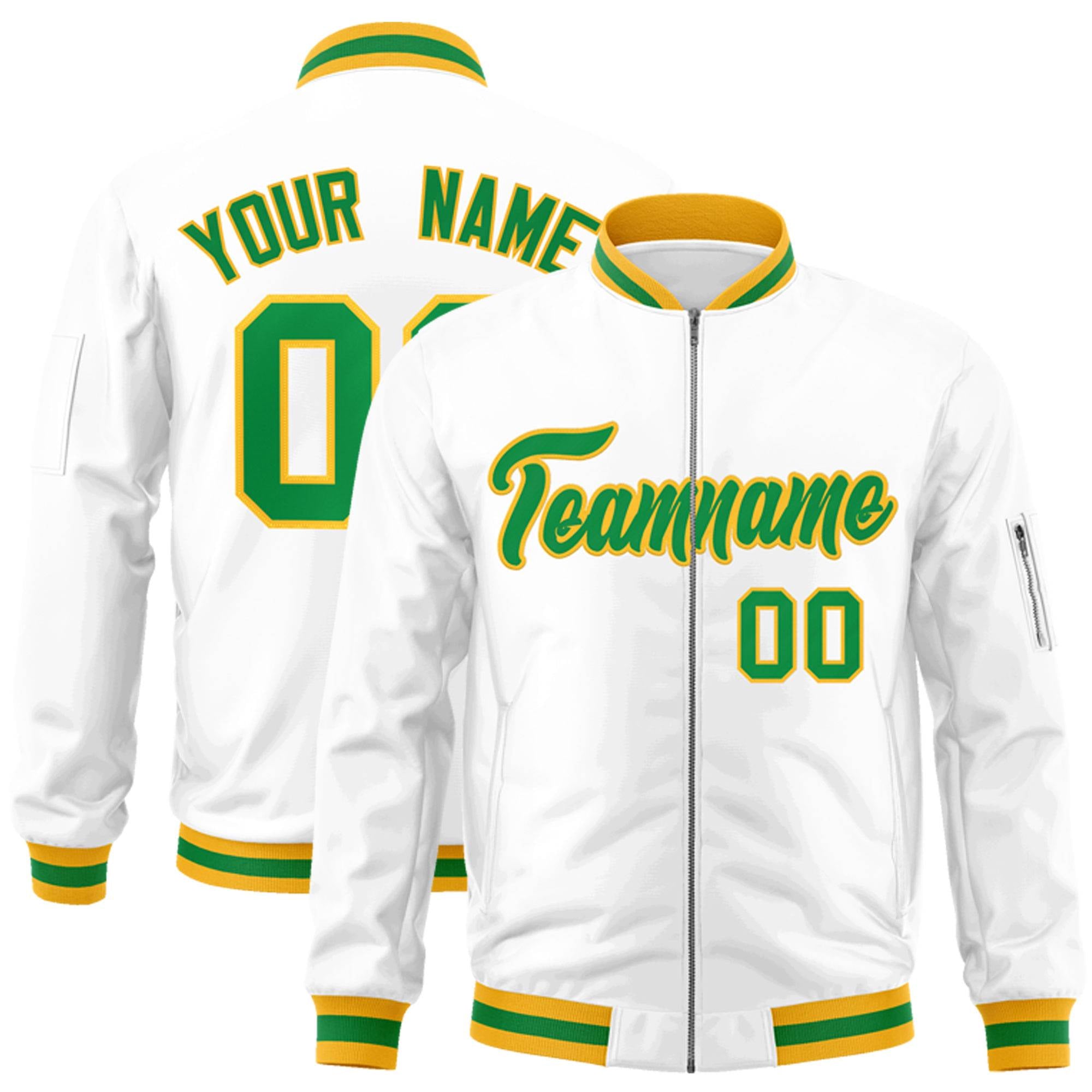 Custom White Kelly Green-Gold Varsity Full-Zip Letterman Bomber Jacket