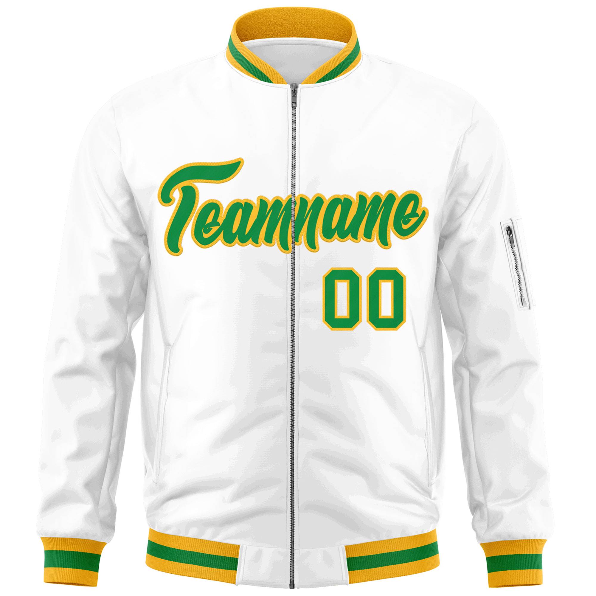 Custom White Kelly Green-Gold Varsity Full-Zip Letterman Bomber Jacket