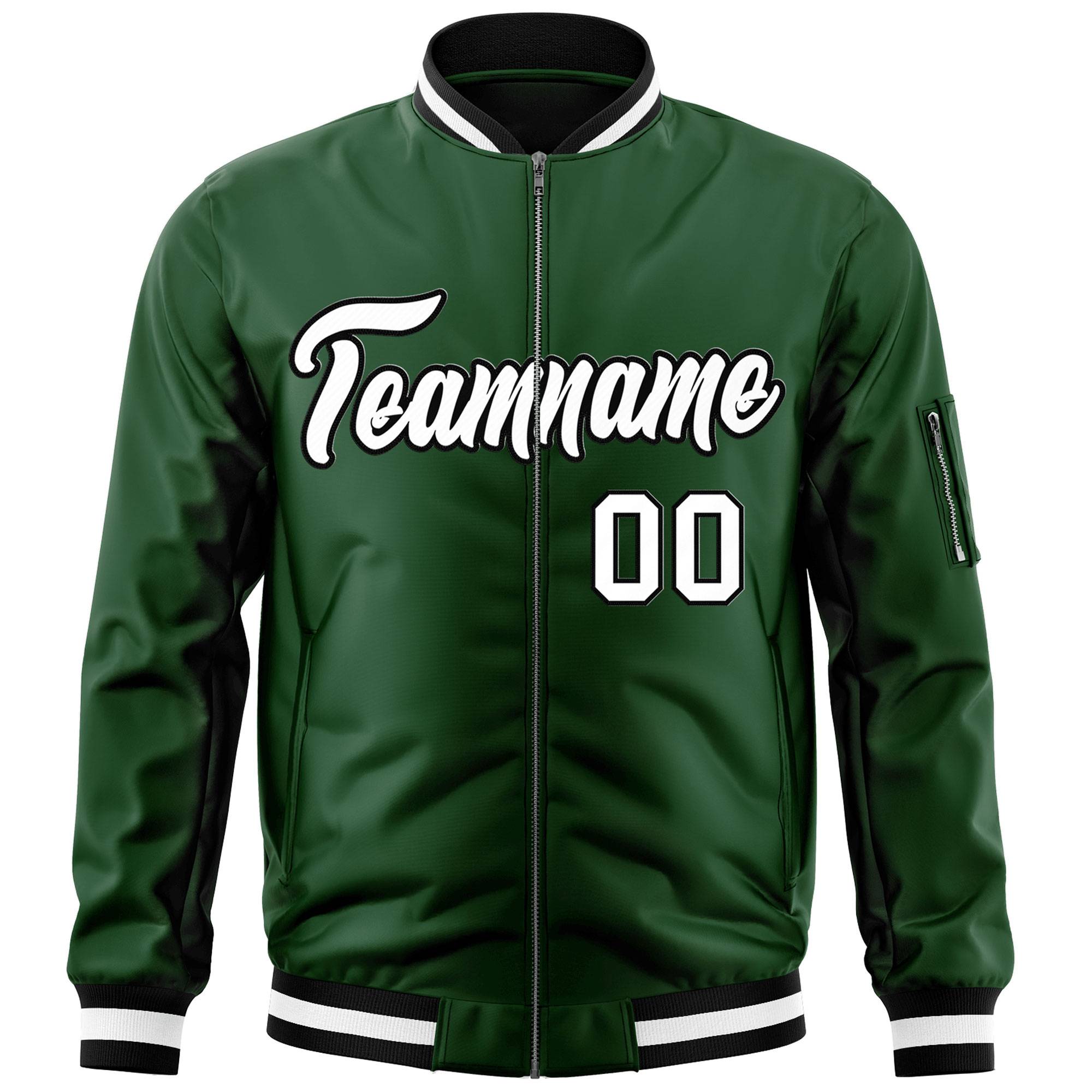 Custom Green White-Black Varsity Full-Zip Letterman Bomber Jacket