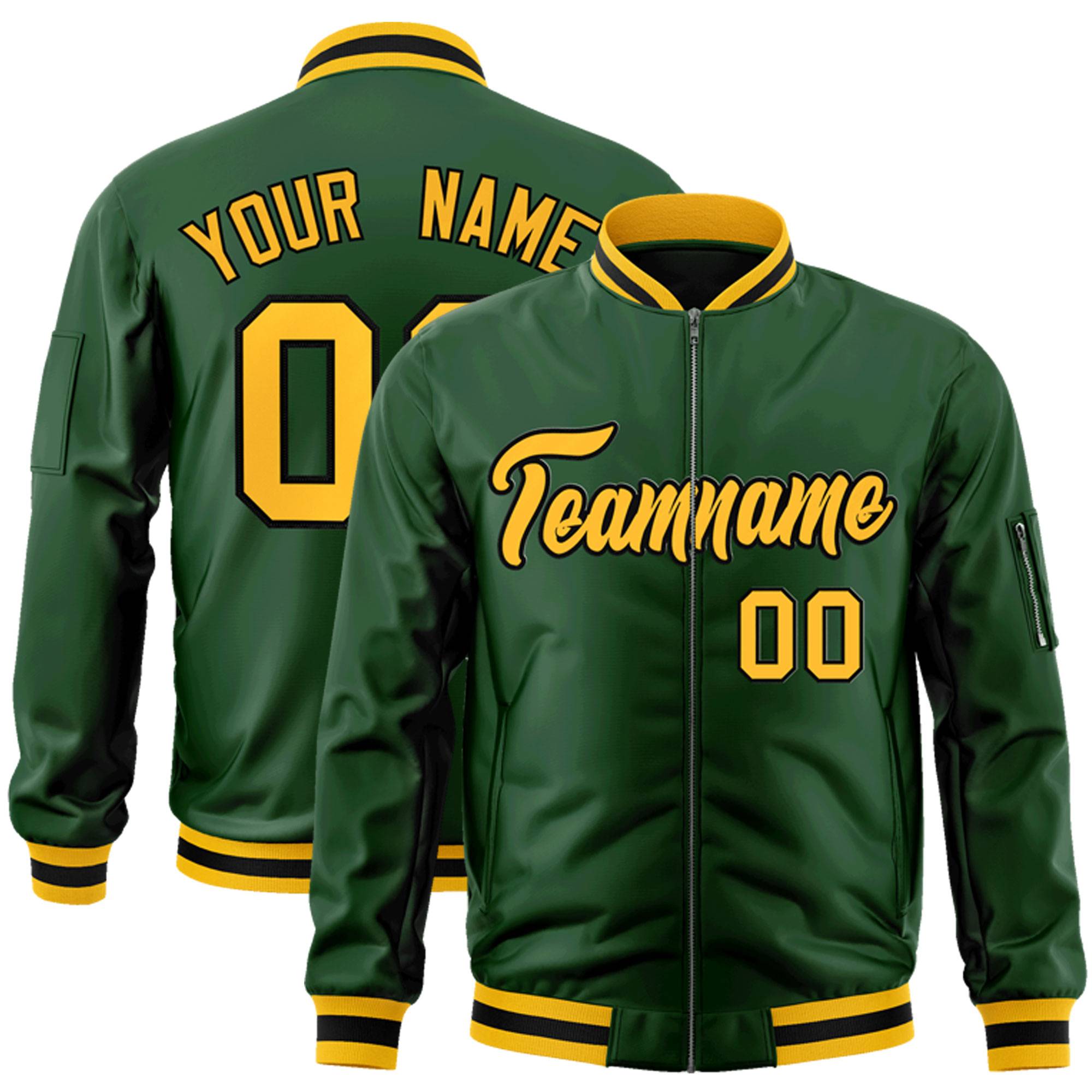 Custom Green Gold-Black Varsity Full-Zip Letterman Bomber Jacket