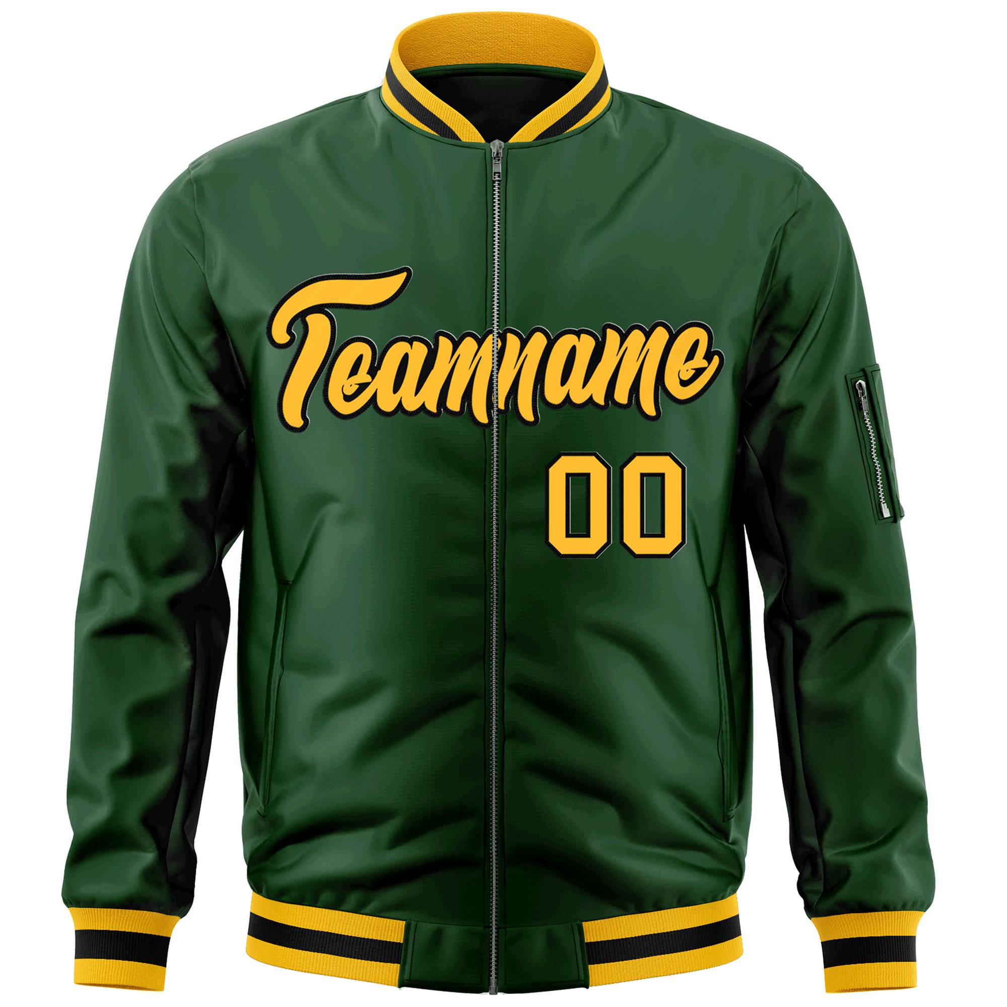 Custom Green Gold-Black Varsity Full-Zip Letterman Bomber Jacket