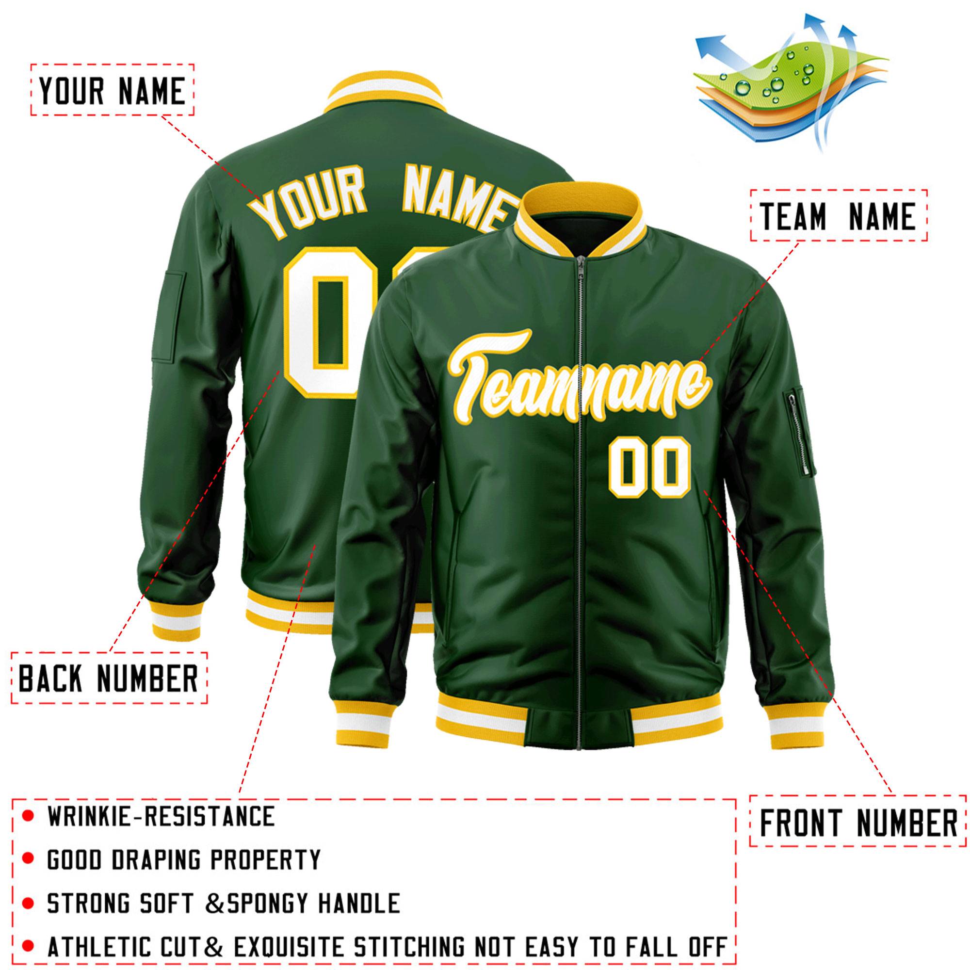 Custom Green White-Gold Varsity Full-Zip Letterman Bomber Jacket