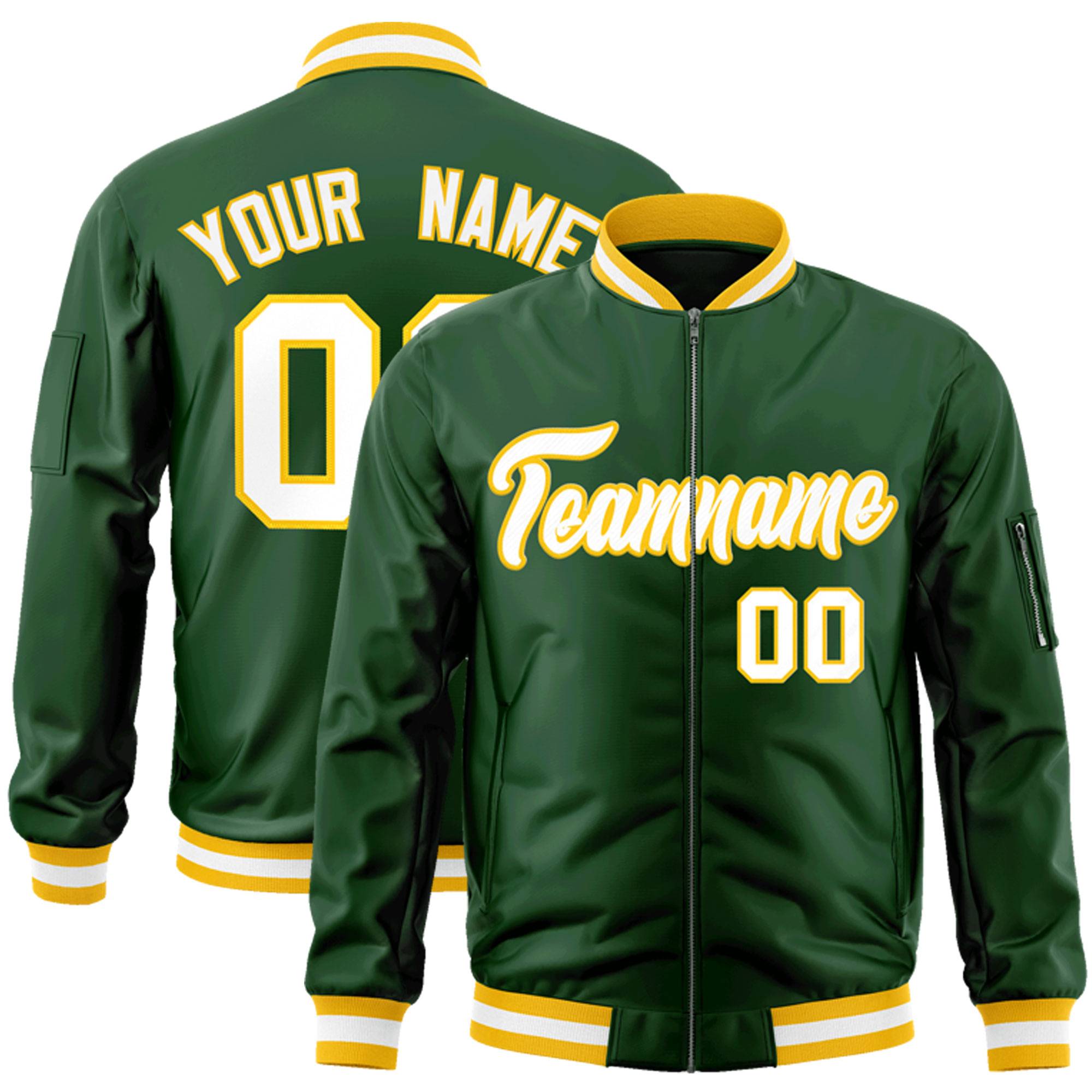 Custom Green White-Gold Varsity Full-Zip Letterman Bomber Jacket