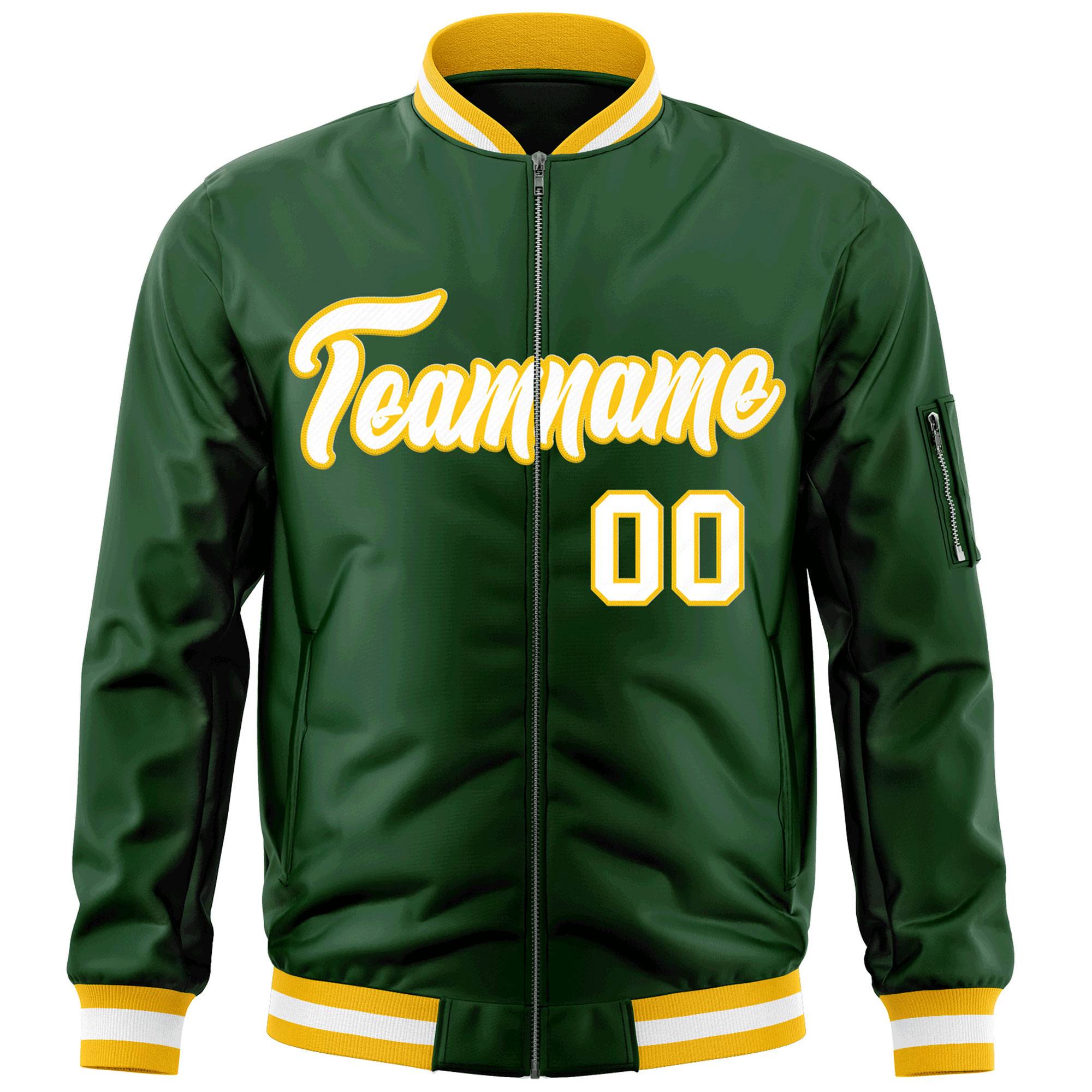 Custom Green White-Gold Varsity Full-Zip Letterman Bomber Jacket