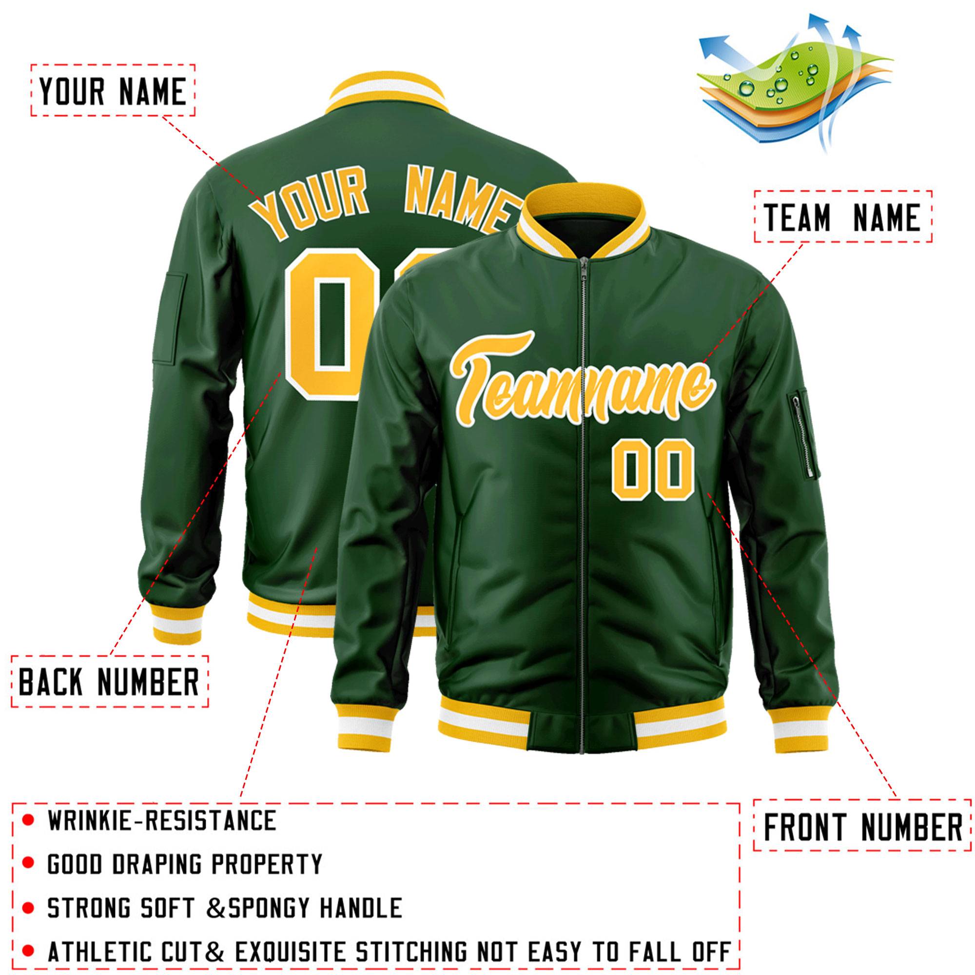 Custom Green Gold-White Varsity Full-Zip Letterman Bomber Jacket