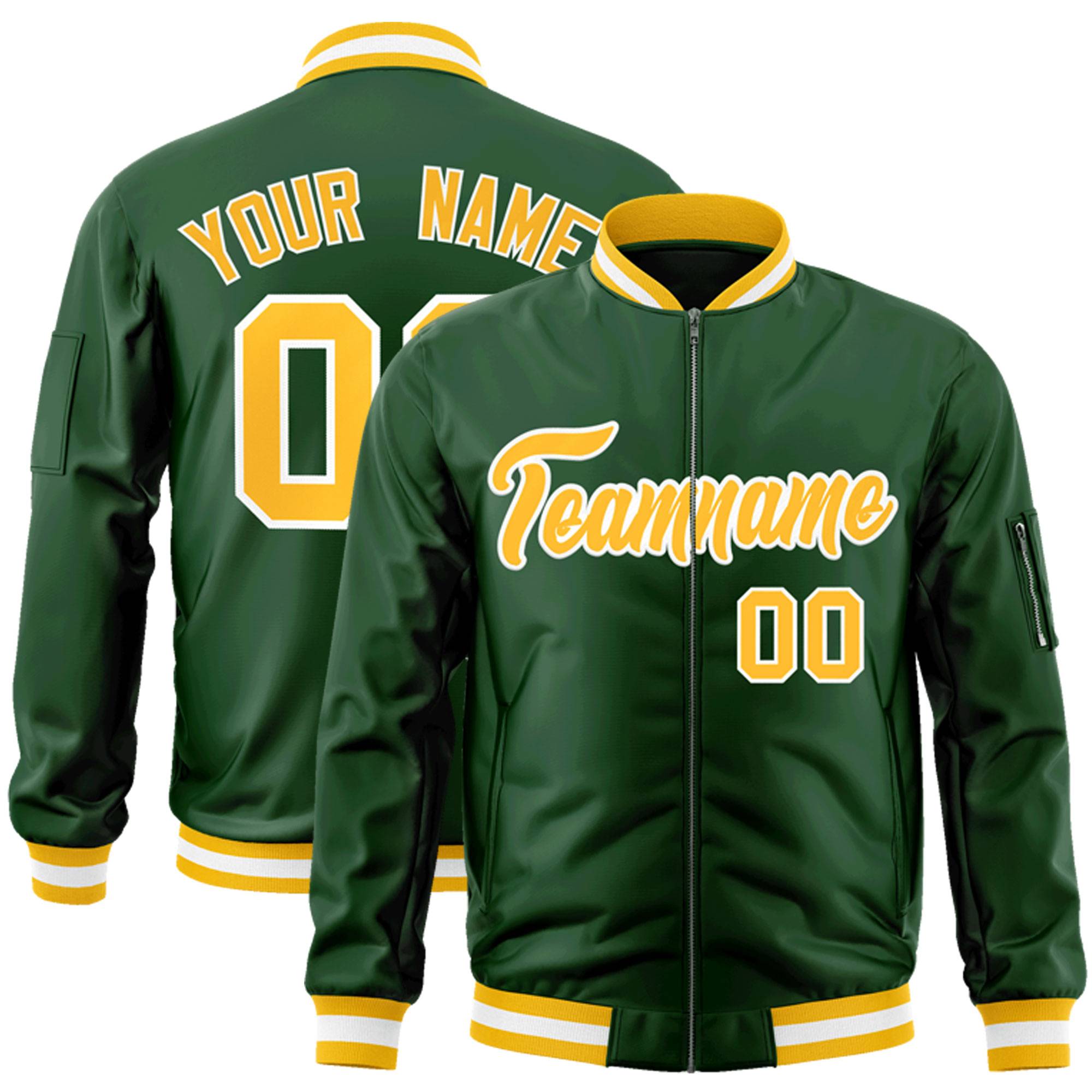 Custom Green Gold-White Varsity Full-Zip Letterman Bomber Jacket