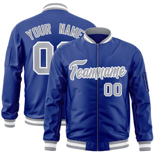 Custom Royal Gray-White Varsity Full-Zip Letterman Bomber Jacket