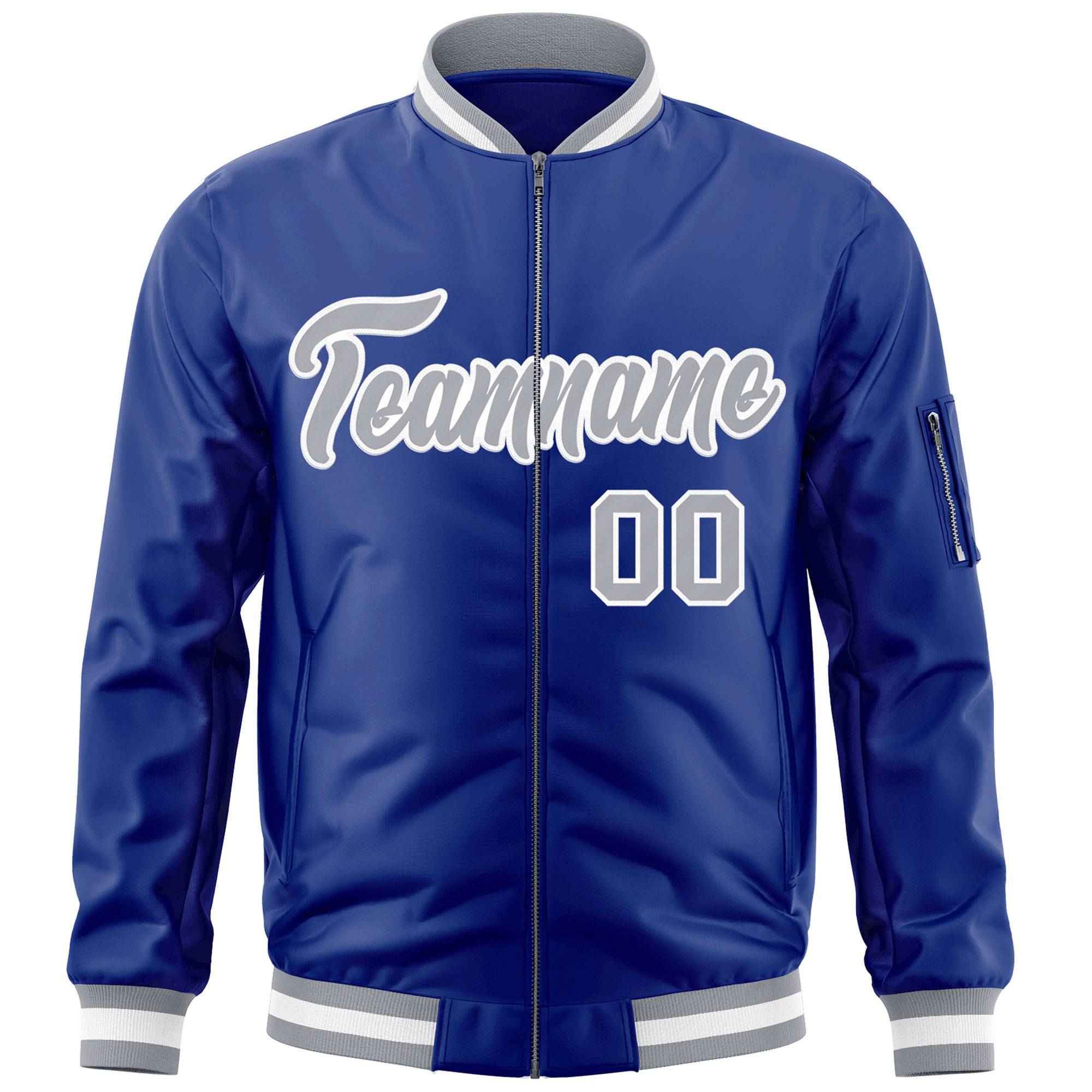 Custom Royal Gray-White Varsity Full-Zip Letterman Bomber Jacket