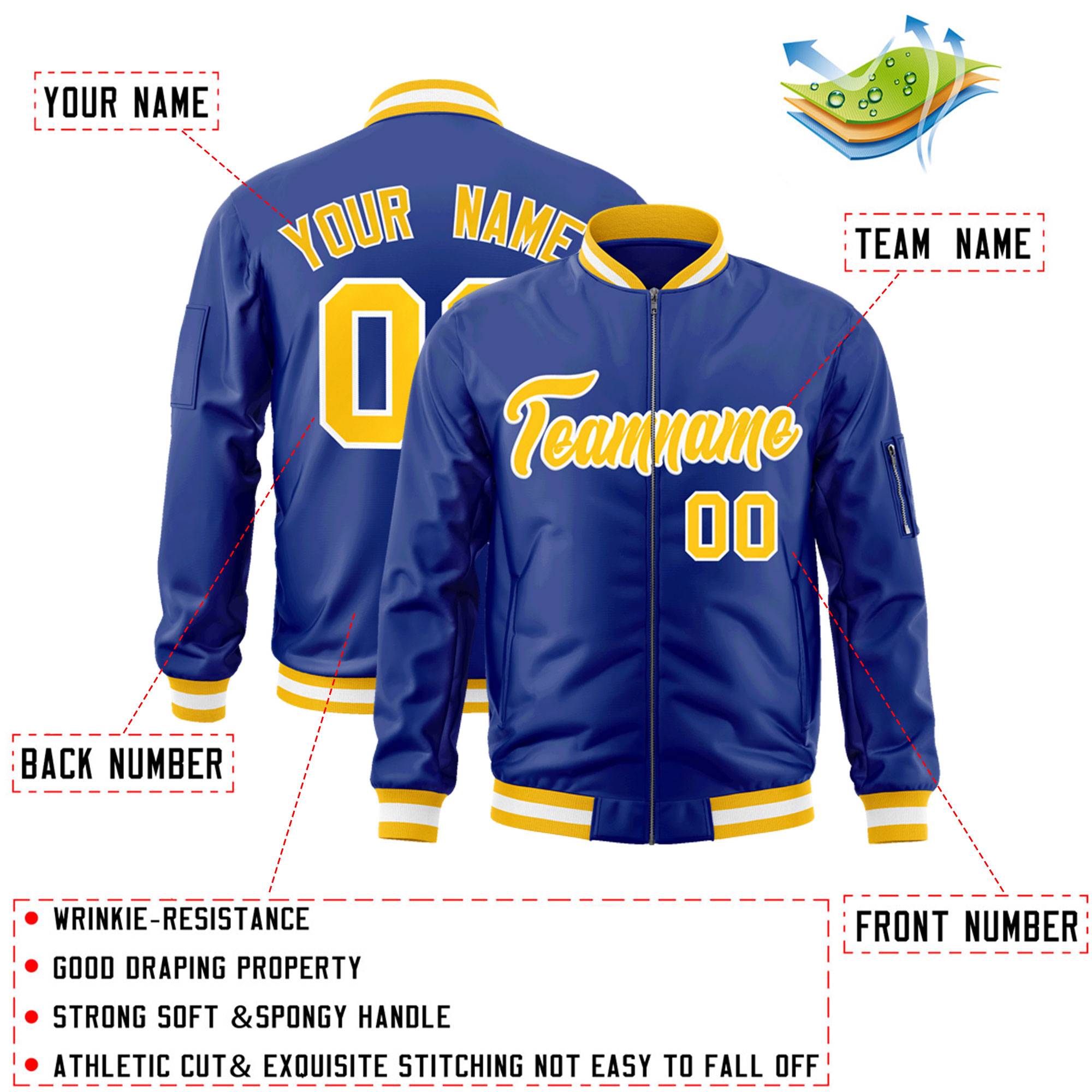 Custom Royal Gold-White Varsity Full-Zip Letterman Bomber Jacket