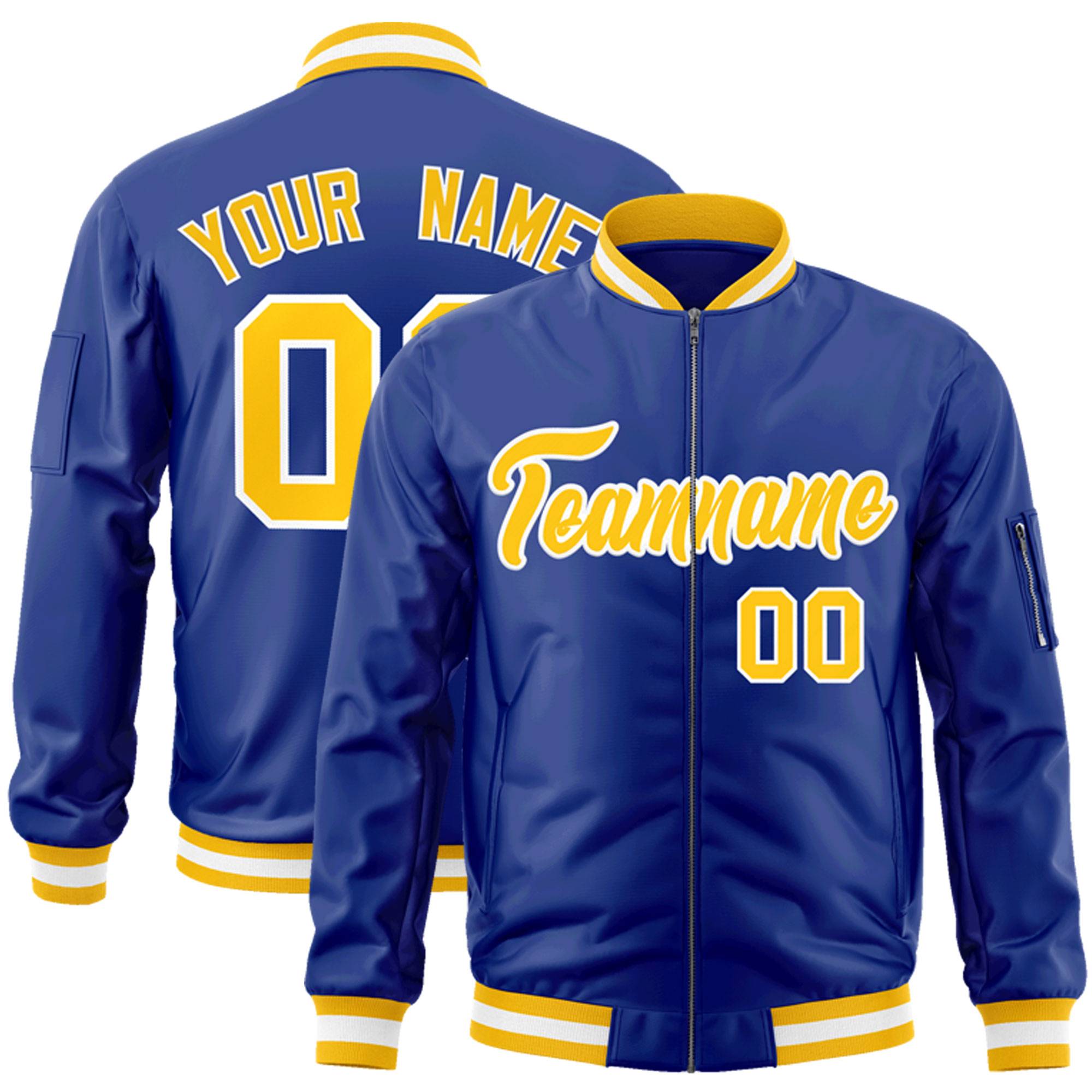 Custom Royal Gold-White Varsity Full-Zip Letterman Bomber Jacket