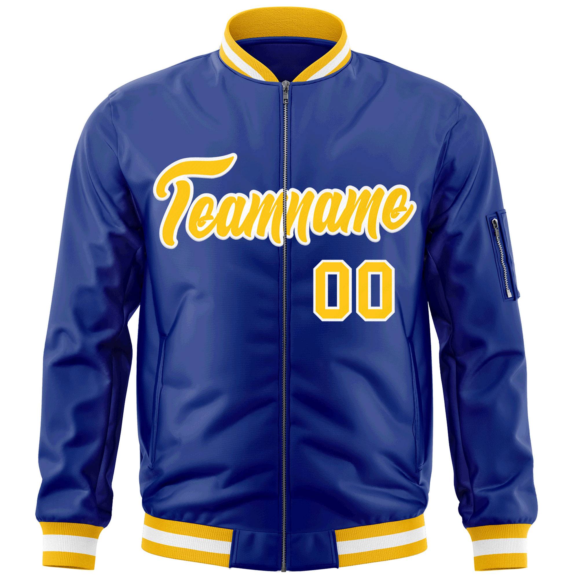 Custom Royal Gold-White Varsity Full-Zip Letterman Bomber Jacket