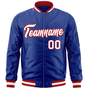 Custom Royal White-Red Varsity Full-Zip Letterman Bomber Jacket