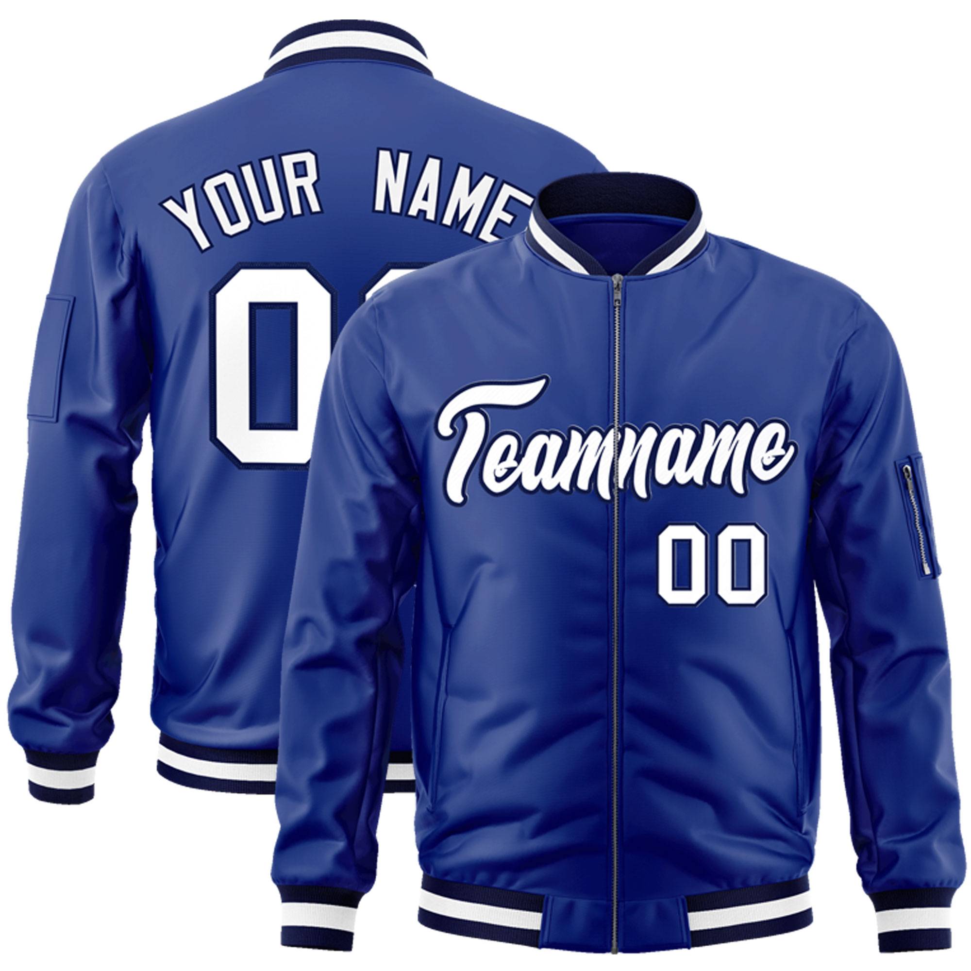 Custom Royal White-Navy Varsity Full-Zip Letterman Bomber Jacket