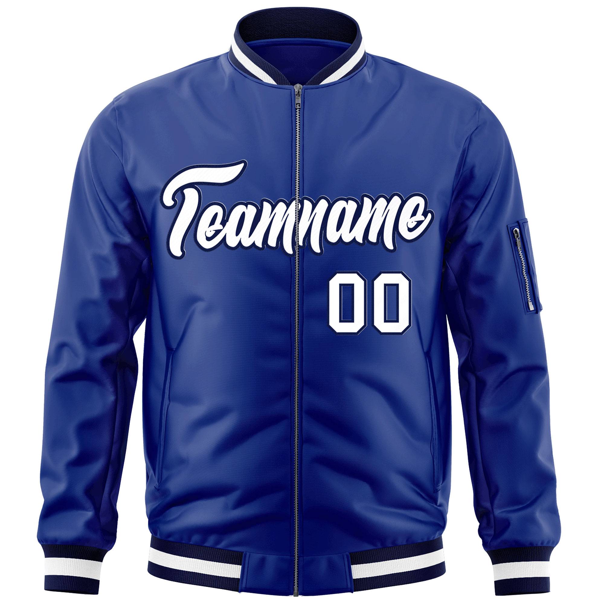 Custom Royal White-Navy Varsity Full-Zip Letterman Bomber Jacket