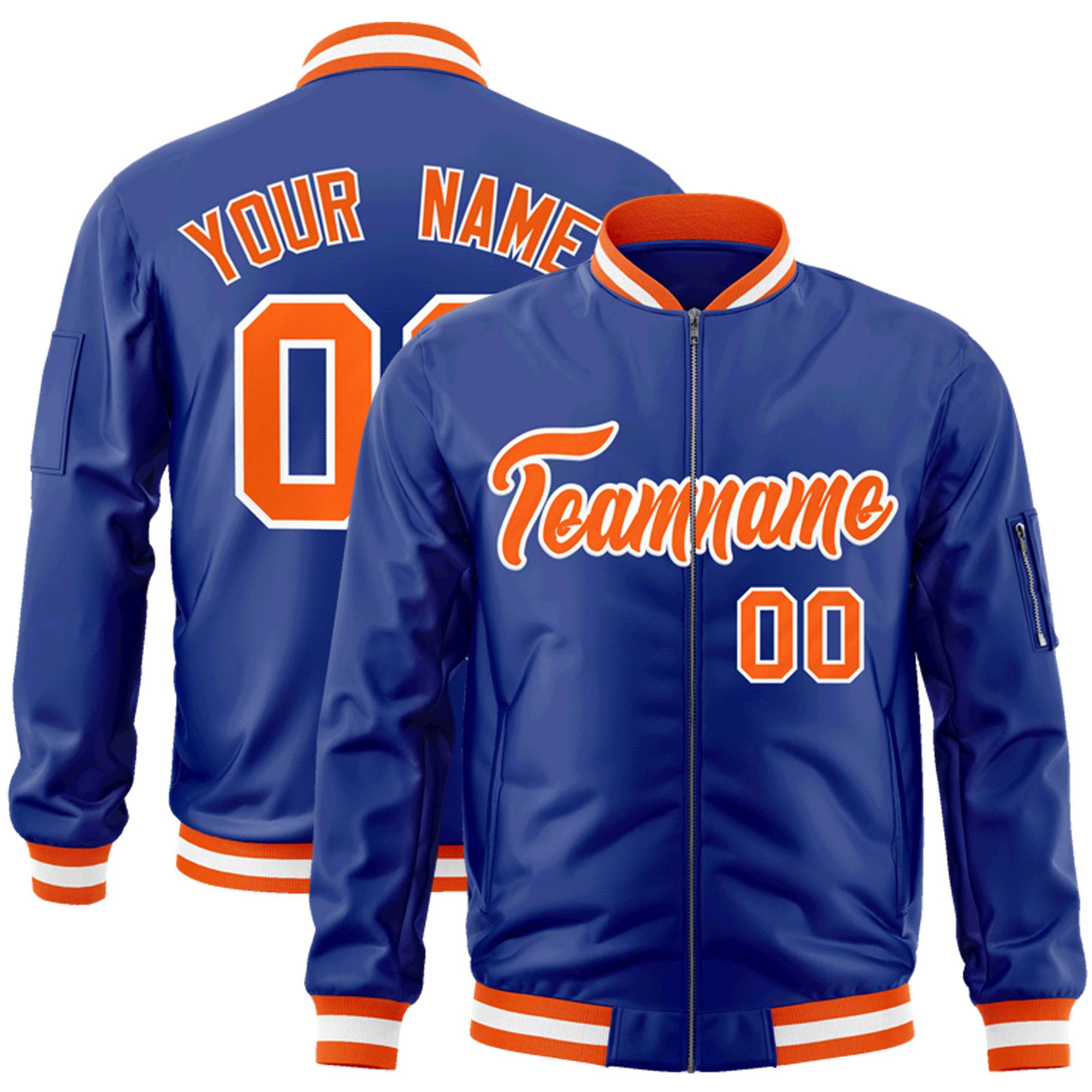 Custom Royal Orange-White Varsity Full-Zip Letterman Bomber Jacket