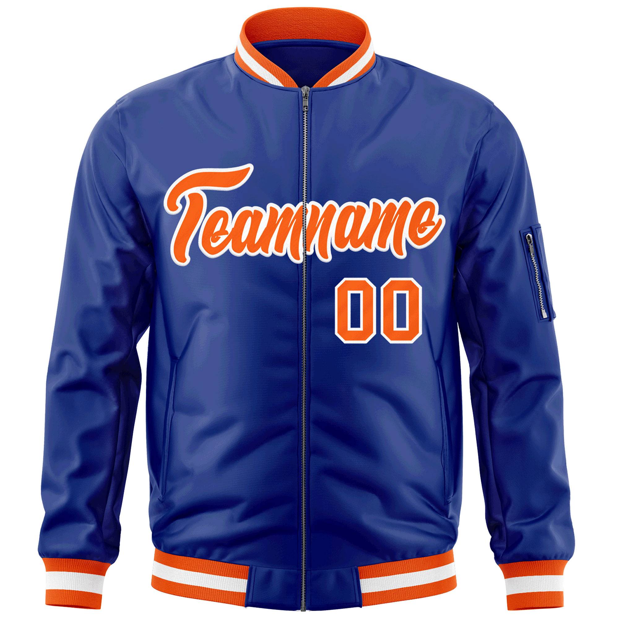 Custom Royal Orange-White Varsity Full-Zip Letterman Bomber Jacket