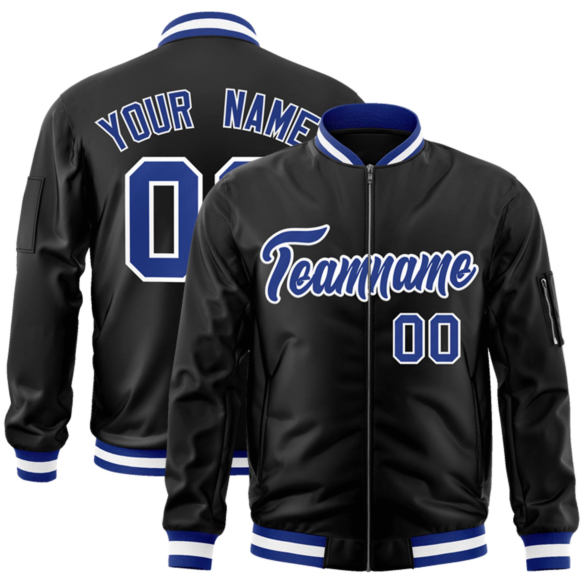 Custom Black Royal-White Varsity Full-Zip Letterman Bomber Jacket