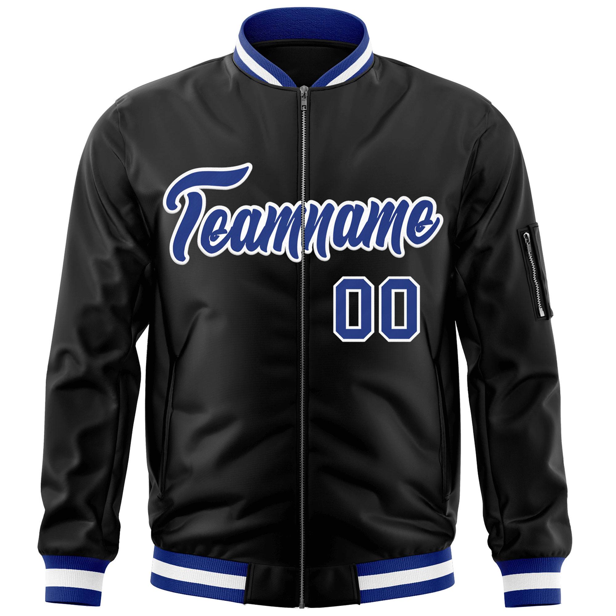 Custom Black Royal-White Varsity Full-Zip Letterman Bomber Jacket