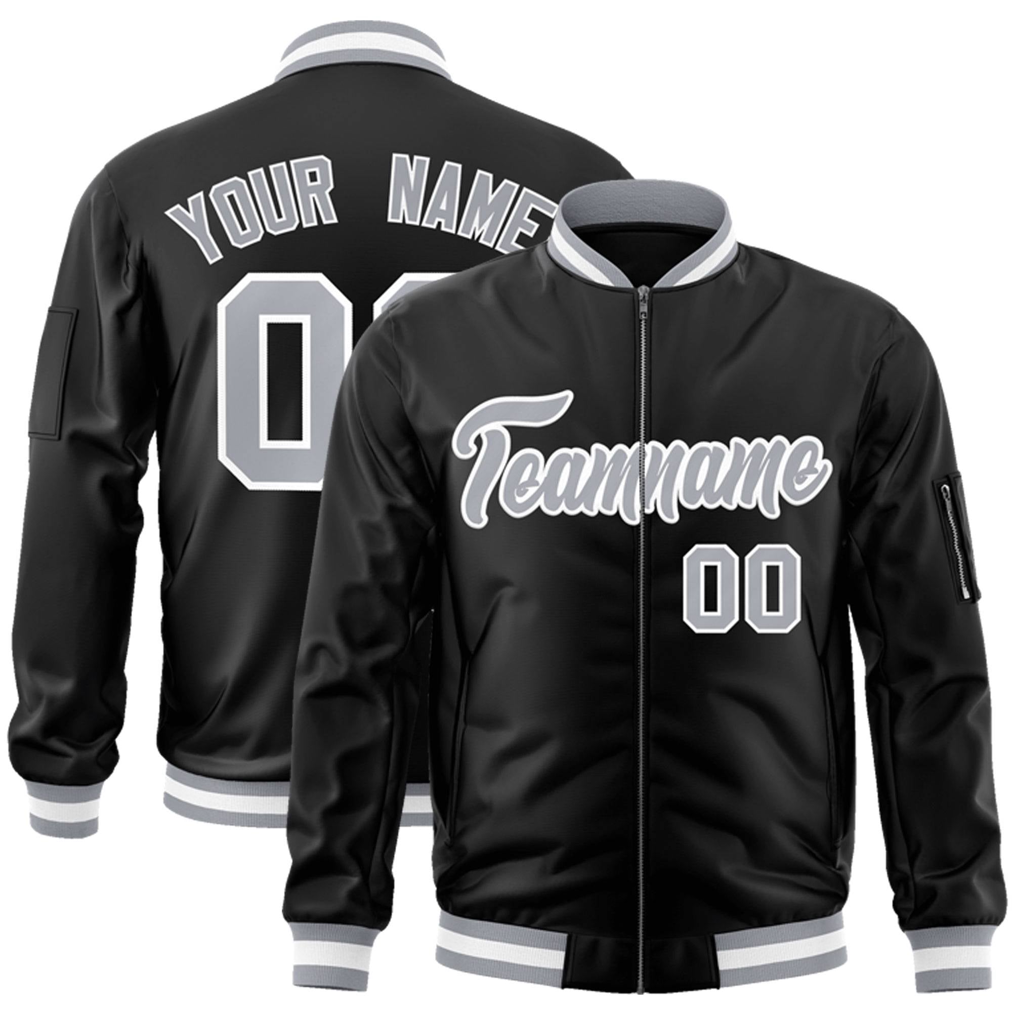 Custom Black Gray-White Varsity Full-Zip Letterman Bomber Jacket