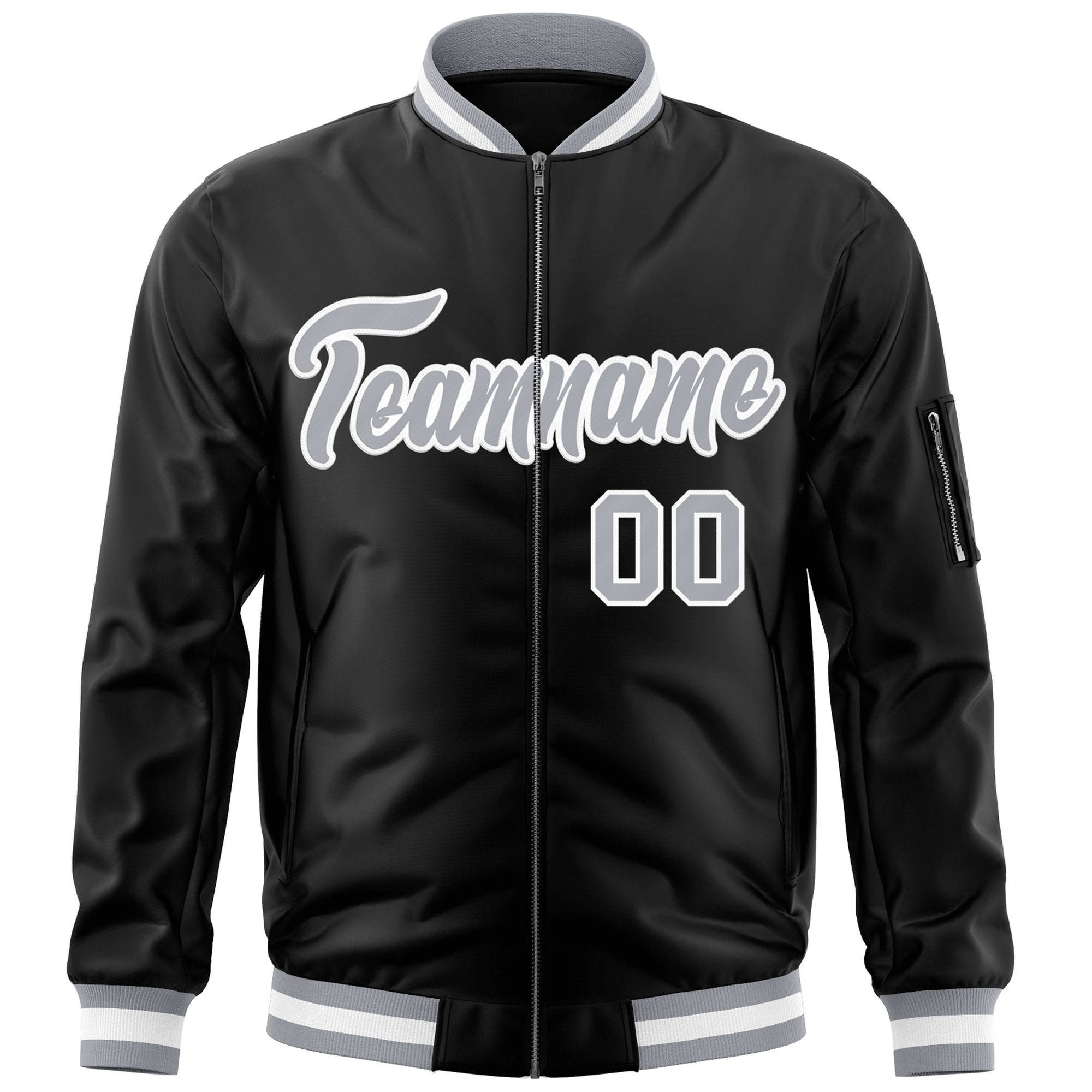 Custom Black Gray-White Varsity Full-Zip Letterman Bomber Jacket