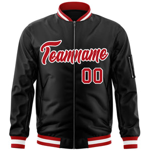 Custom Black Red-White Varsity Full-Zip Letterman Bomber Jacket