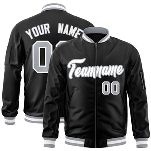 Custom Black White-Gray Varsity Full-Zip Letterman Bomber Jacket