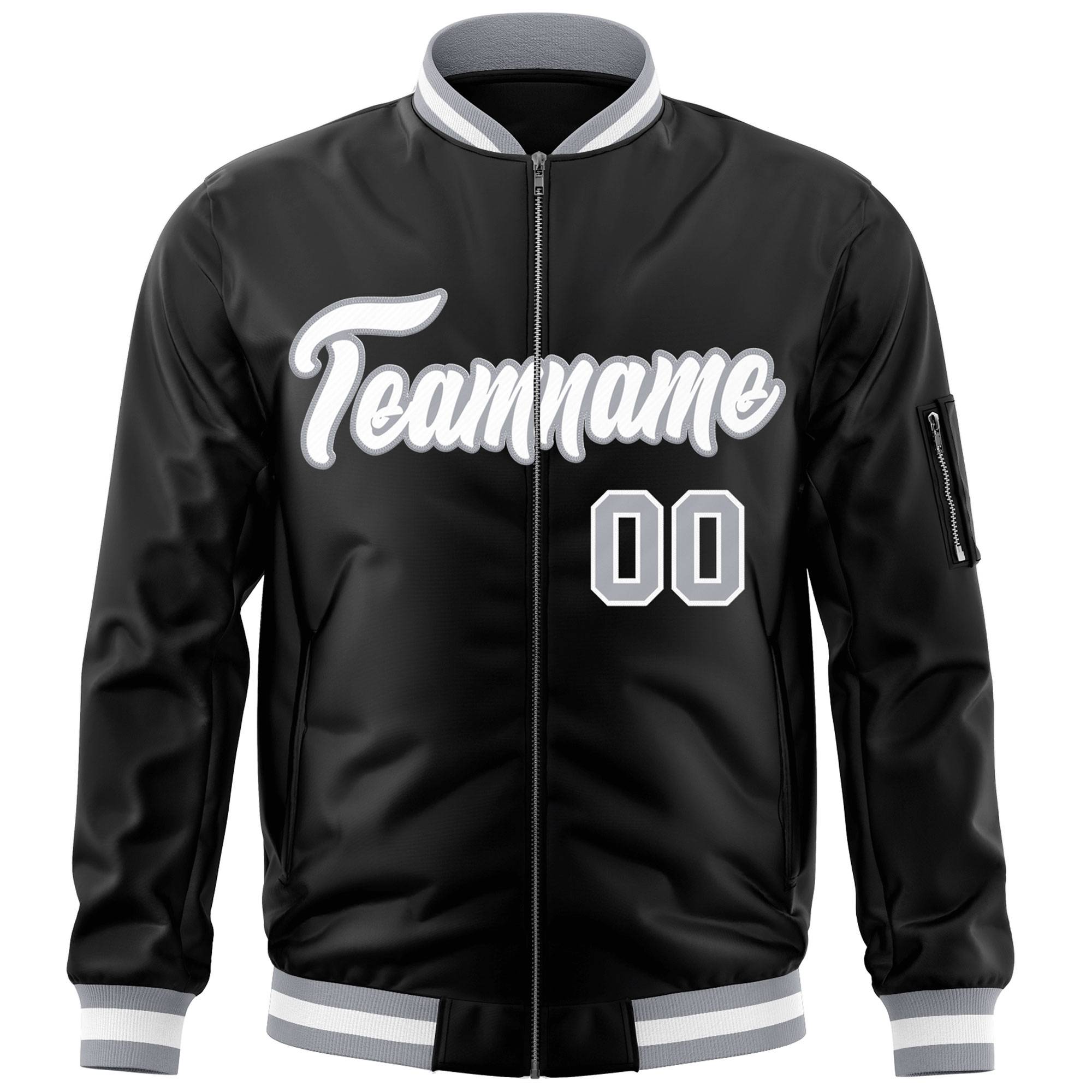 Custom Black White-Gray Varsity Full-Zip Letterman Bomber Jacket