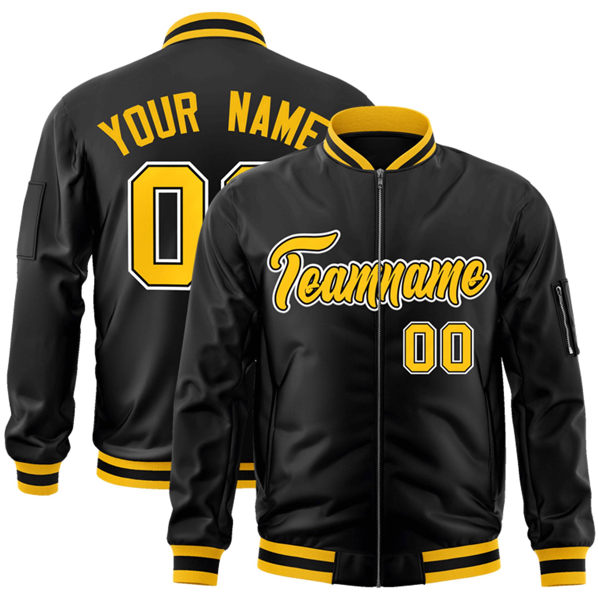 Custom Black Gold-White Varsity Full-Zip Letterman Bomber Jacket