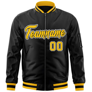 Custom Black Gold-White Varsity Full-Zip Letterman Bomber Jacket