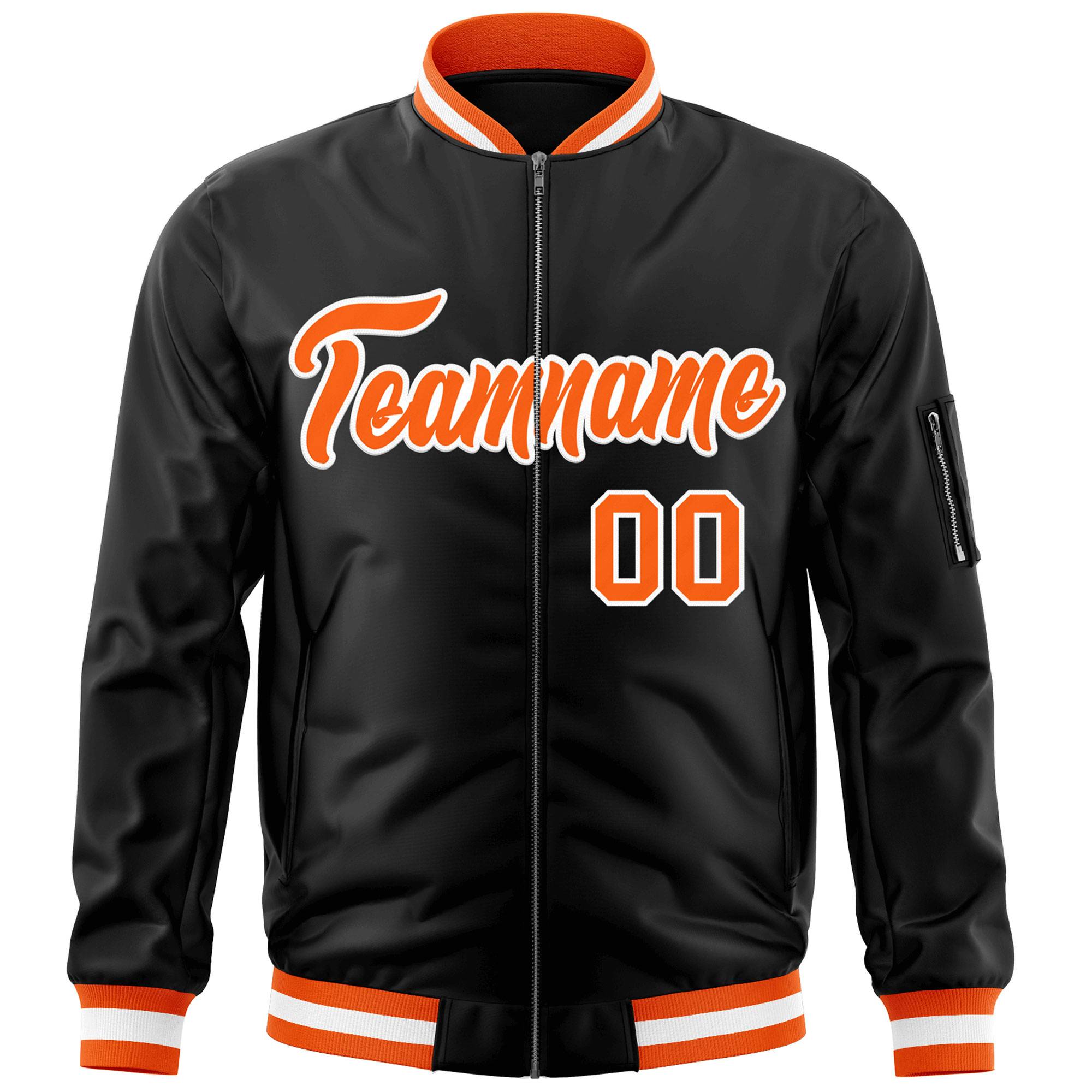 Custom Black Orange-White Varsity Full-Zip Letterman Bomber Jacket