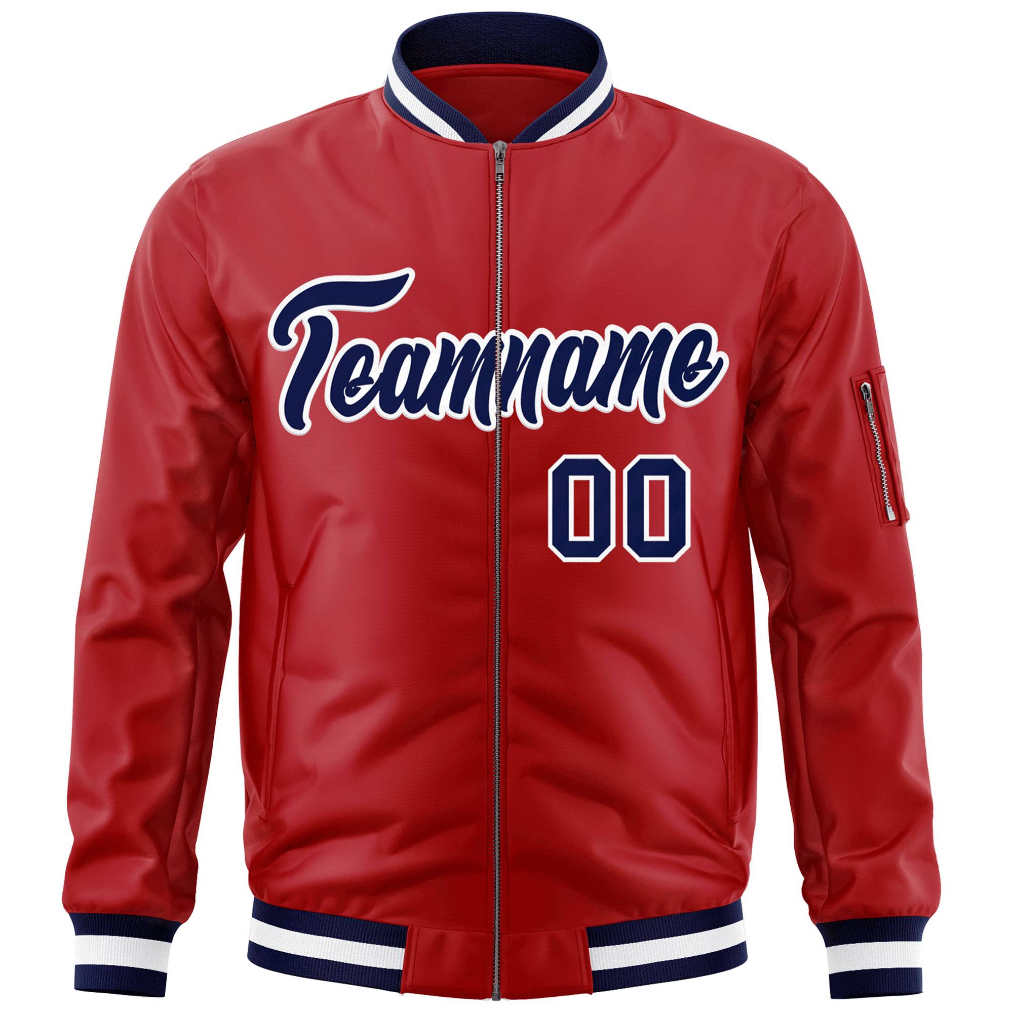 Custom Red Navy-White Varsity Full-Zip Letterman Bomber Jacket