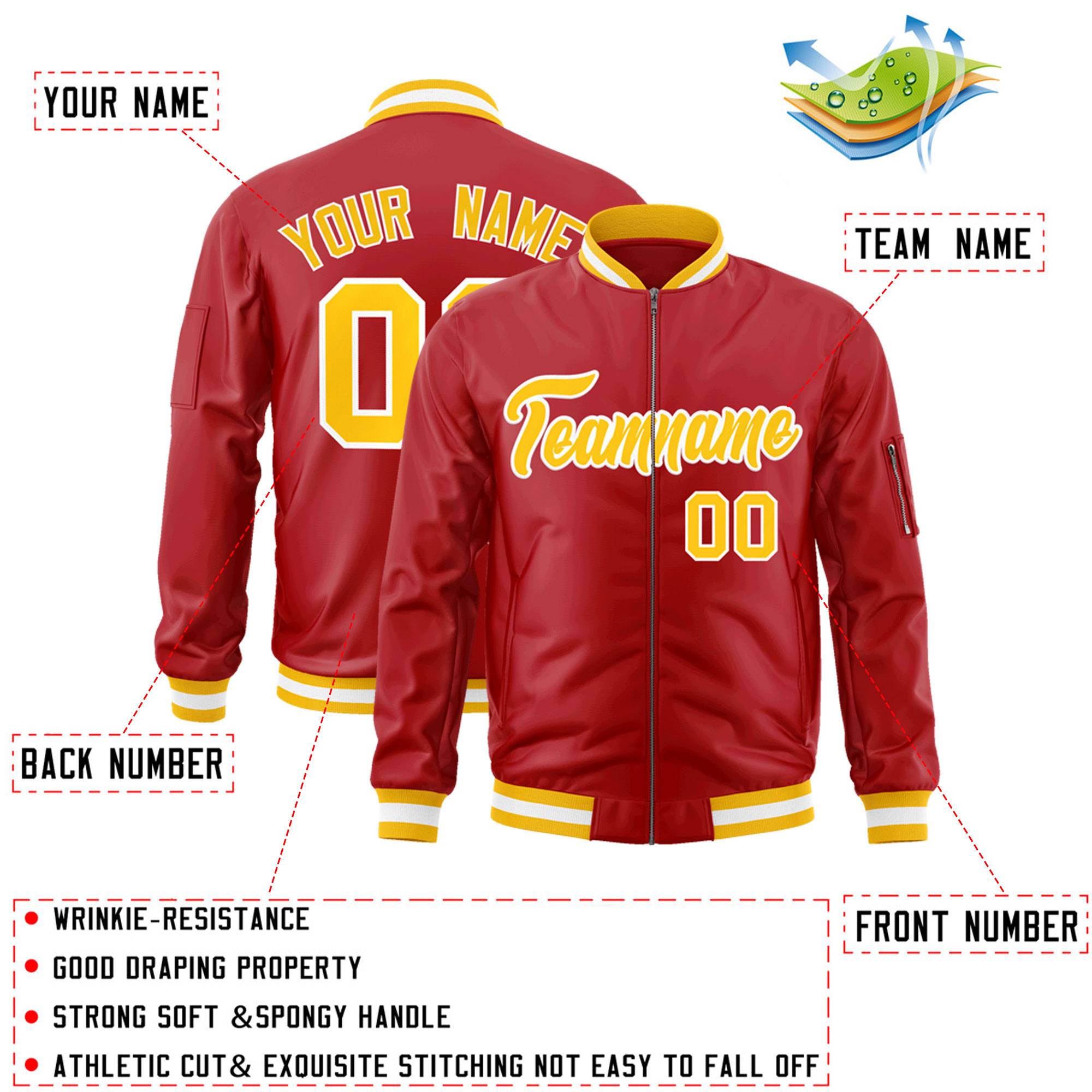 Custom Red Gold-White Varsity Full-Zip Letterman Bomber Jacket