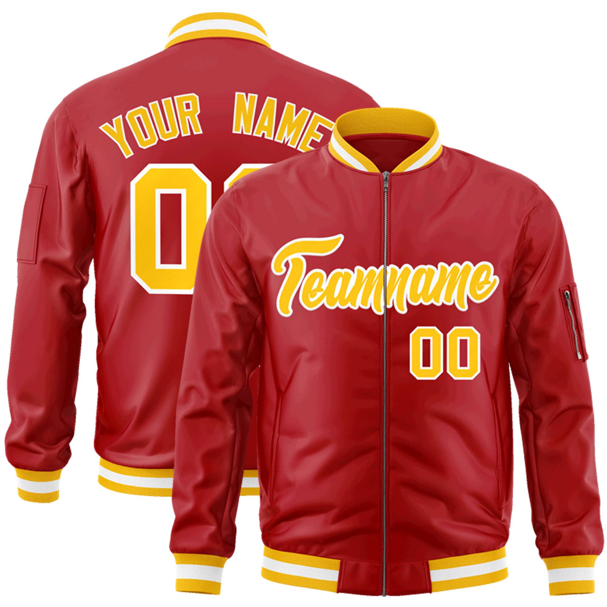 Custom Red Gold-White Varsity Full-Zip Letterman Bomber Jacket