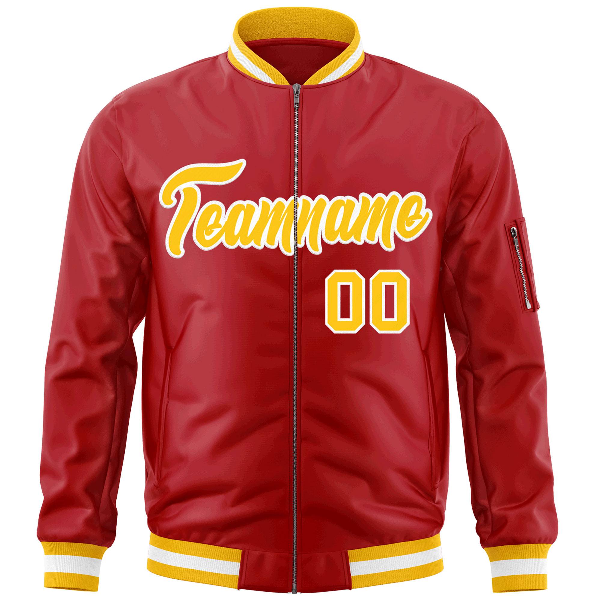 Custom Red Gold-White Varsity Full-Zip Letterman Bomber Jacket