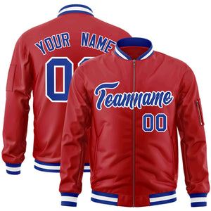 Custom Red Royal-White Varsity Full-Zip Letterman Bomber Jacket