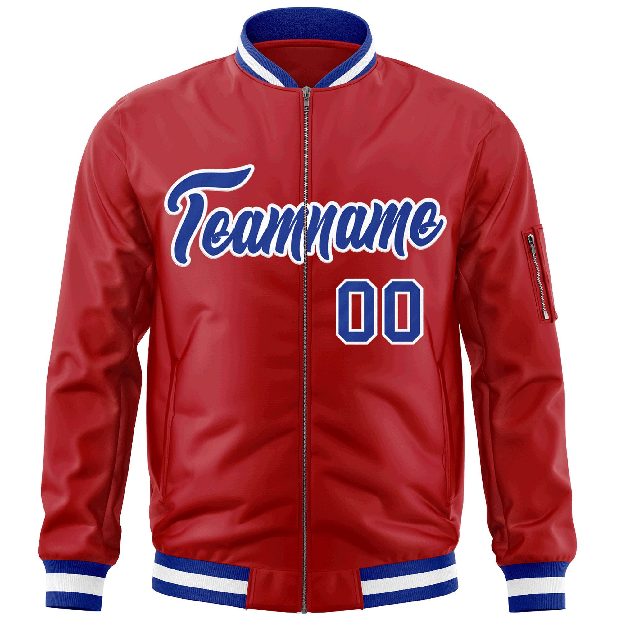 Custom Red Royal-White Varsity Full-Zip Letterman Bomber Jacket