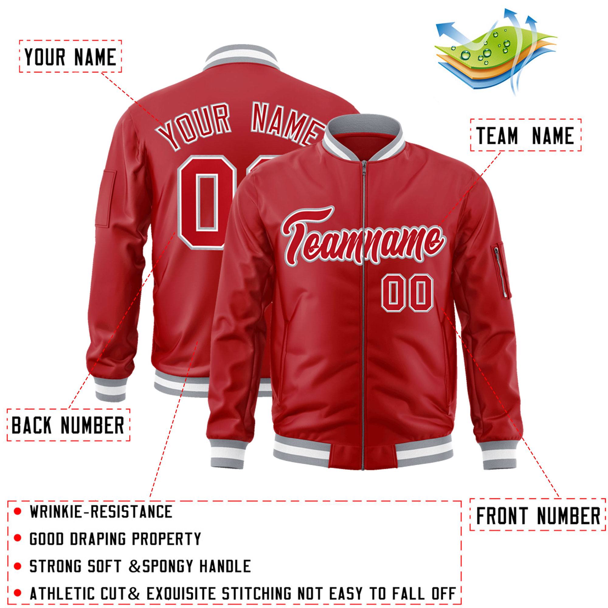 Custom Red White-Gray Varsity Full-Zip Letterman Bomber Jacket