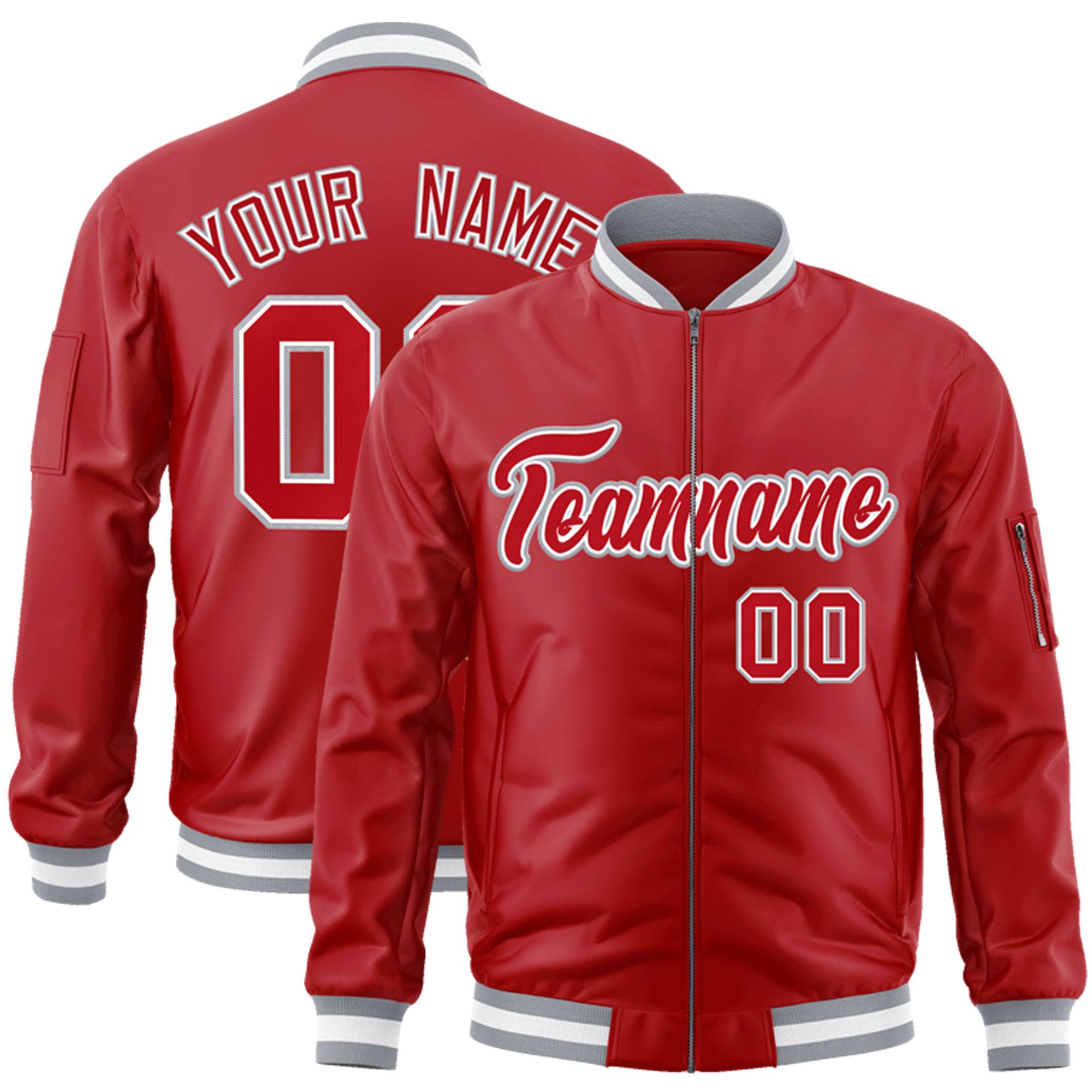 Custom Red White-Gray Varsity Full-Zip Letterman Bomber Jacket