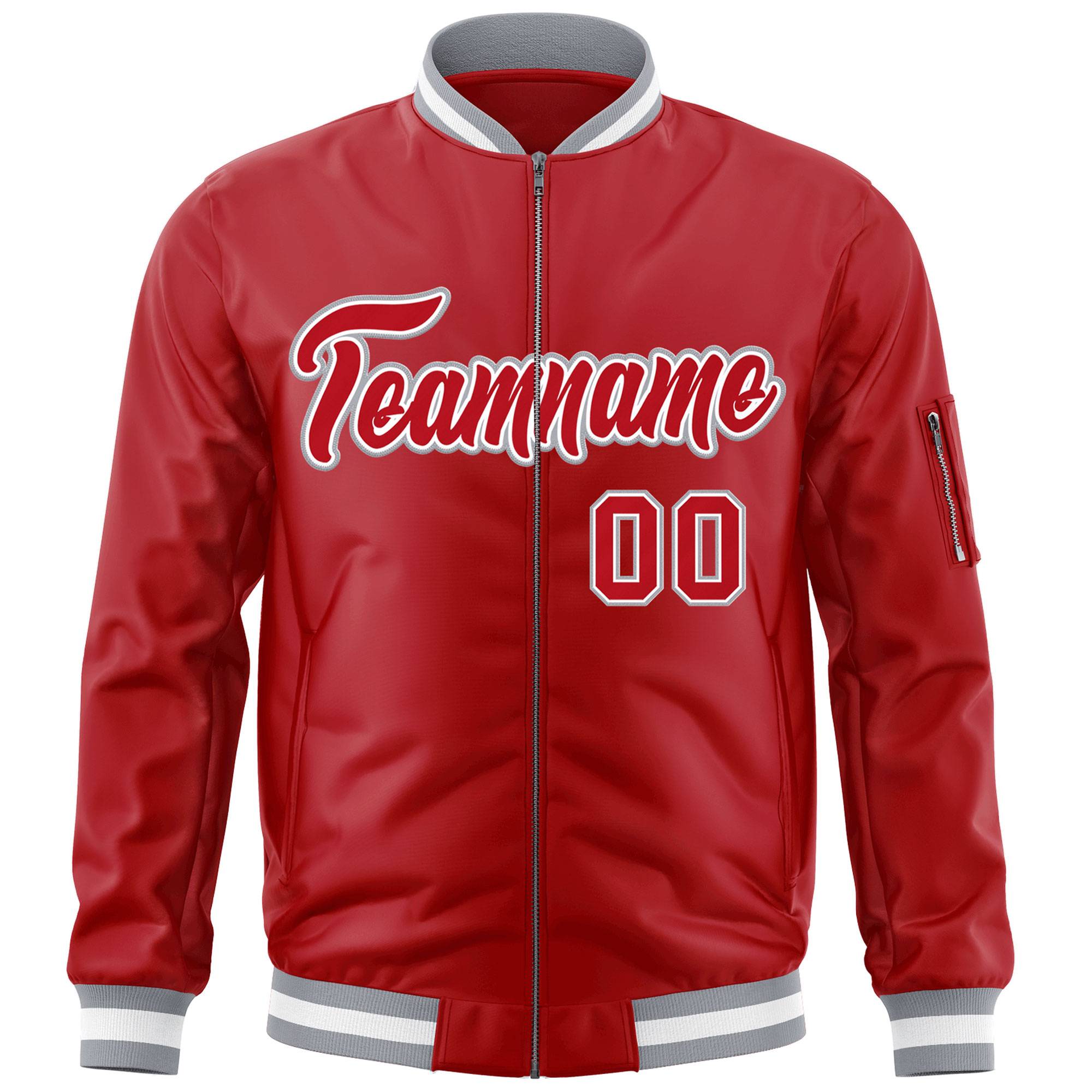 Custom Red White-Gray Varsity Full-Zip Letterman Bomber Jacket