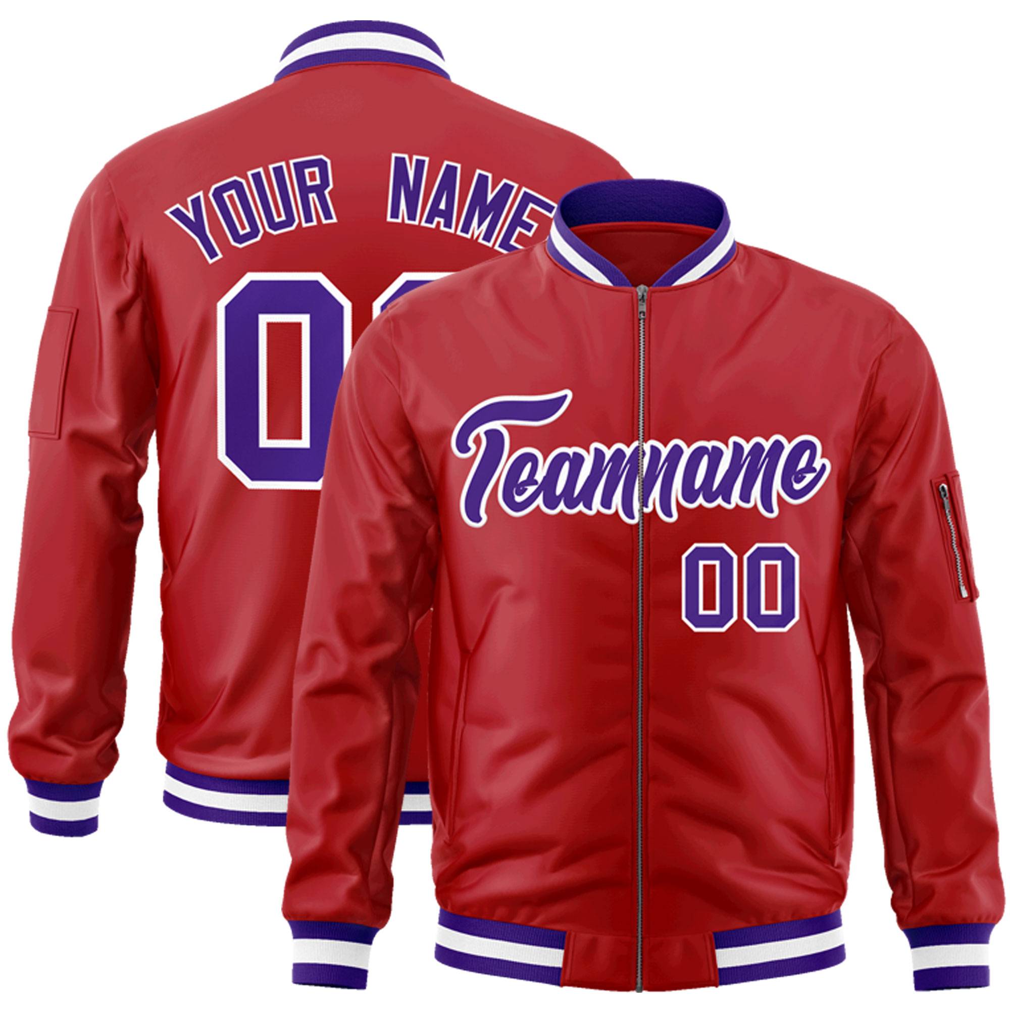 Custom Red Purple-White Varsity Full-Zip Letterman Bomber Jacket