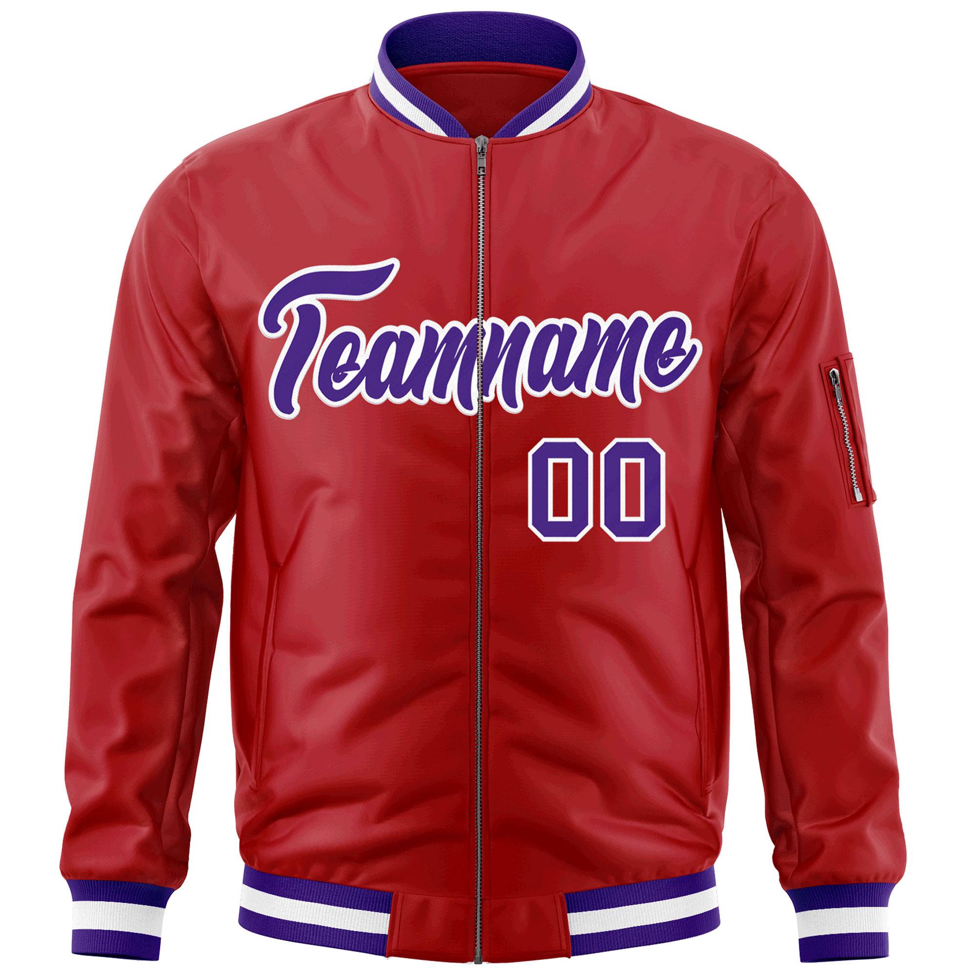 Custom Red Purple-White Varsity Full-Zip Letterman Bomber Jacket