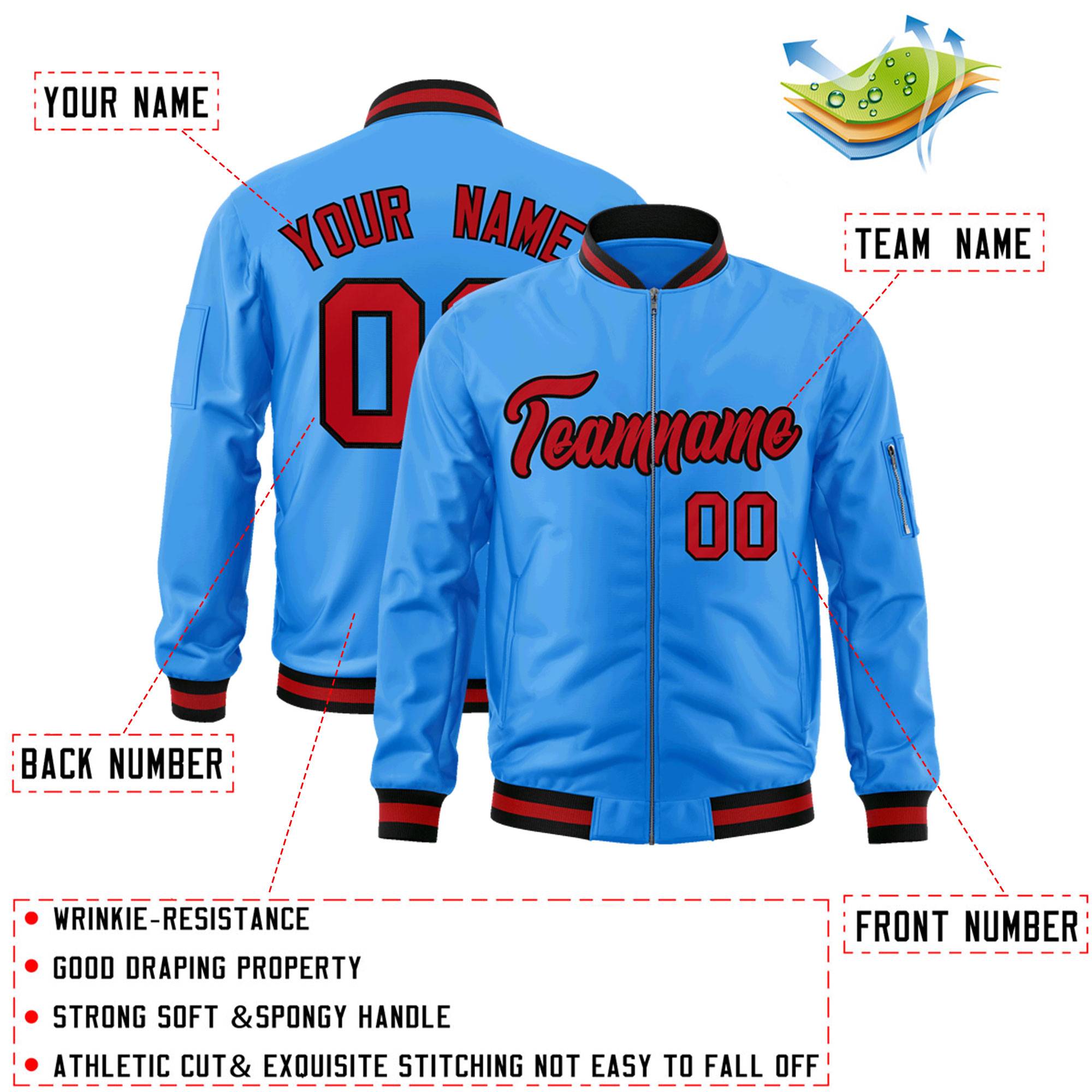 Custom Powder Blue Red-Black Varsity Full-Zip Letterman Bomber Jacket