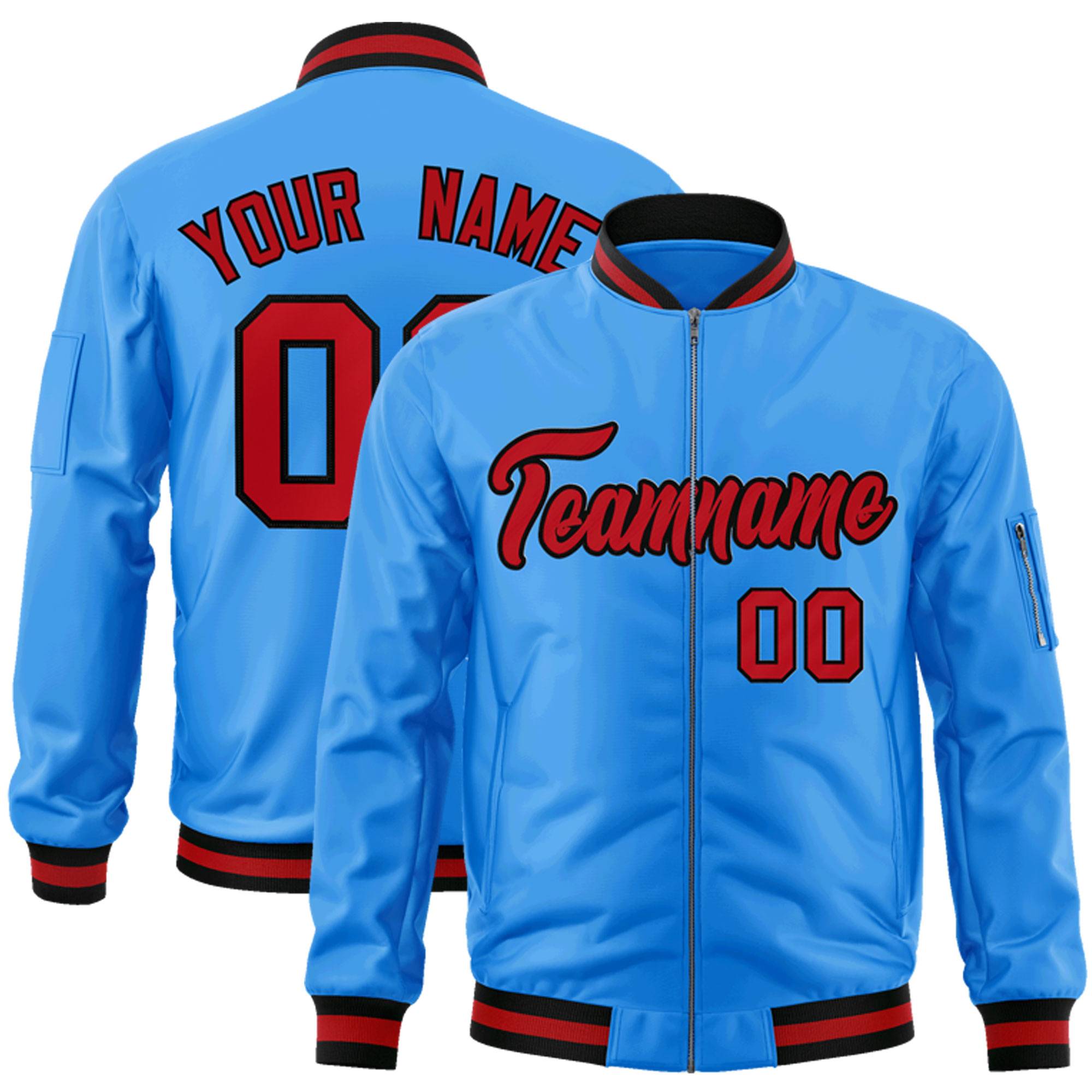 Custom Powder Blue Red-Black Varsity Full-Zip Letterman Bomber Jacket