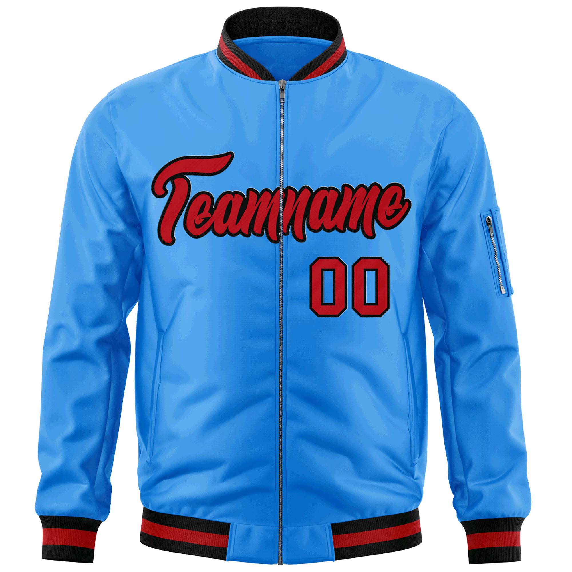 Custom Powder Blue Red-Black Varsity Full-Zip Letterman Bomber Jacket