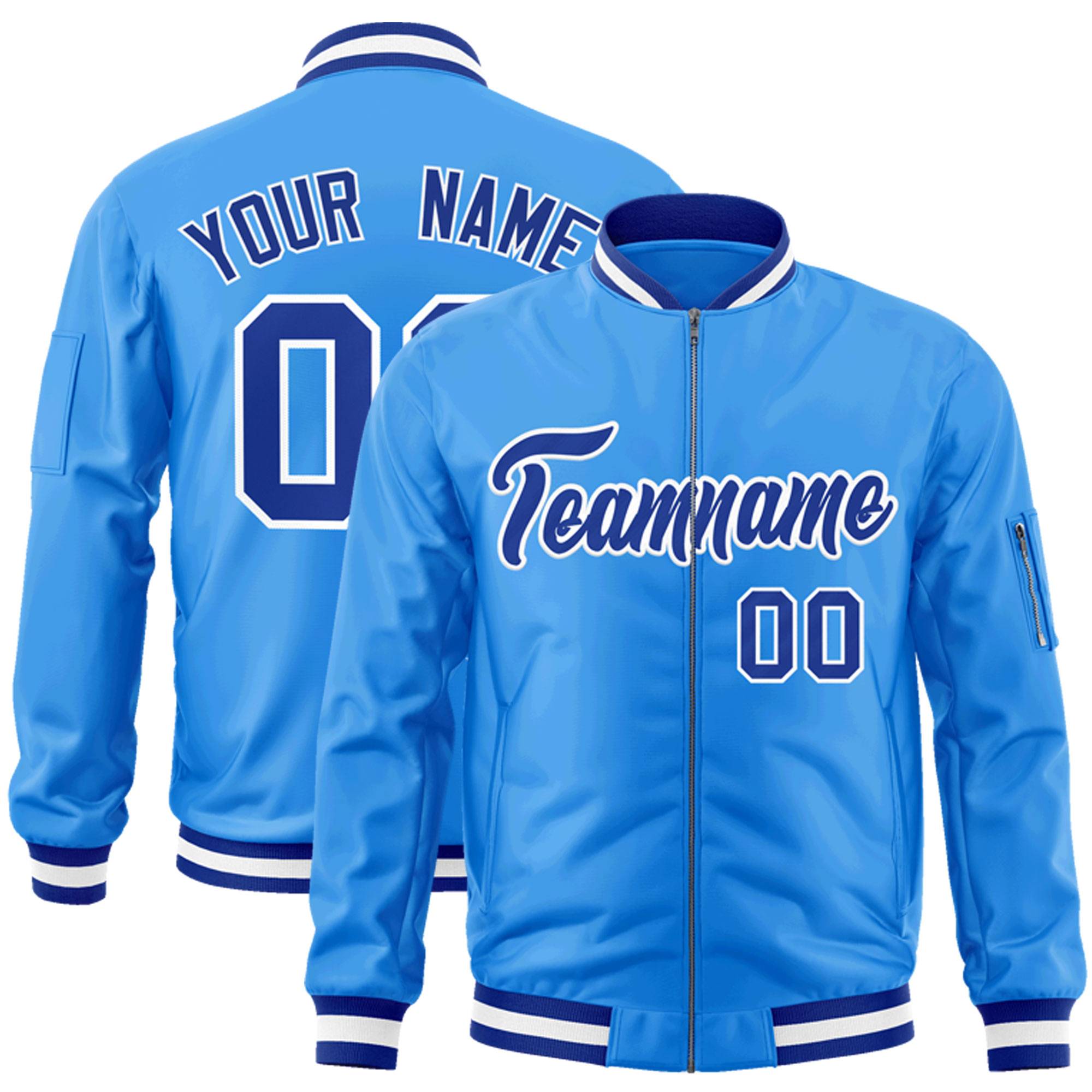 Custom Powder Blue Royal-White Varsity Full-Zip Letterman Bomber Jacket