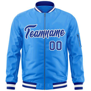 Custom Powder Blue Royal-White Varsity Full-Zip Letterman Bomber Jacket